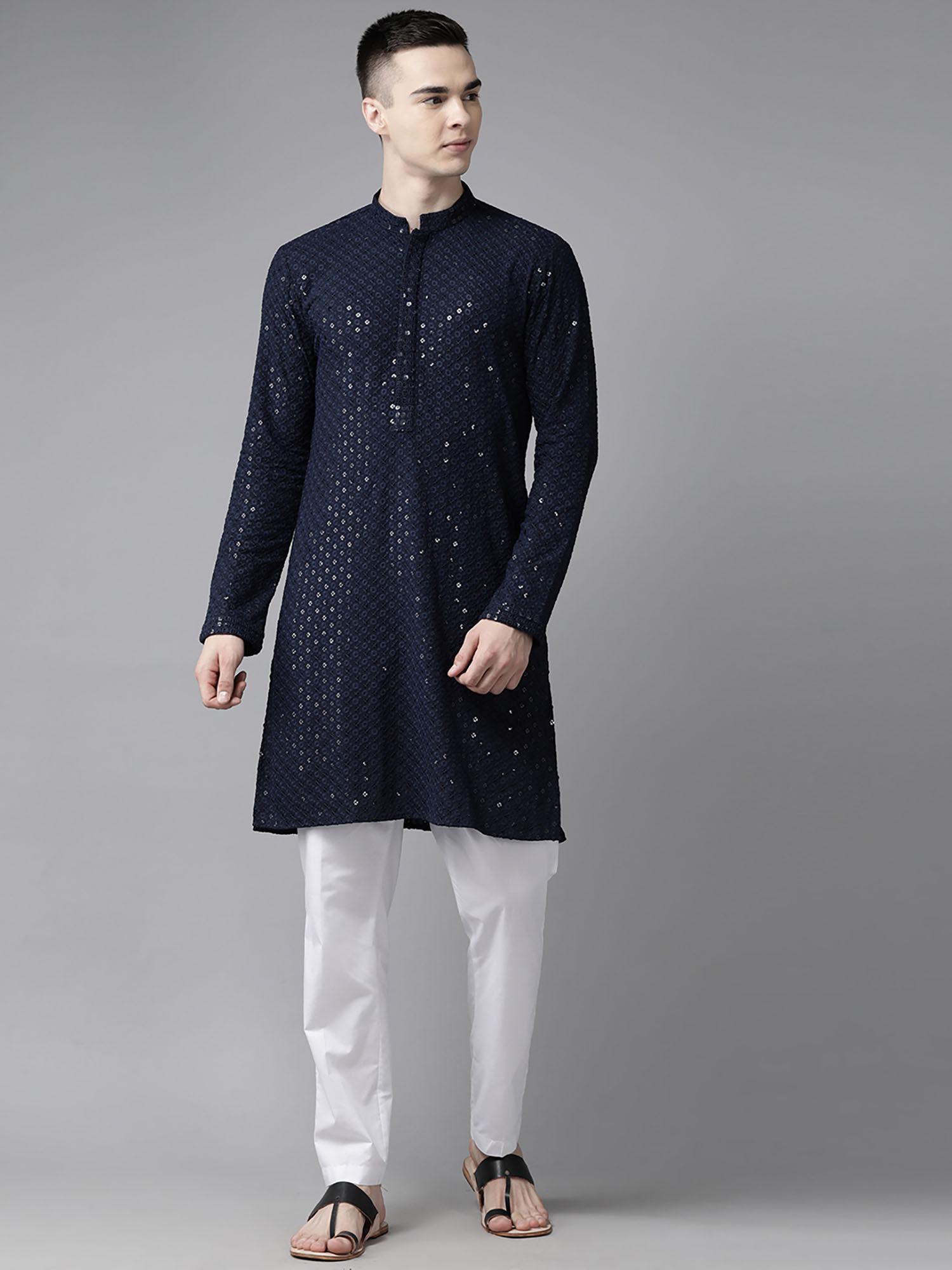 men navy blue embroidered sequined rayon kurta