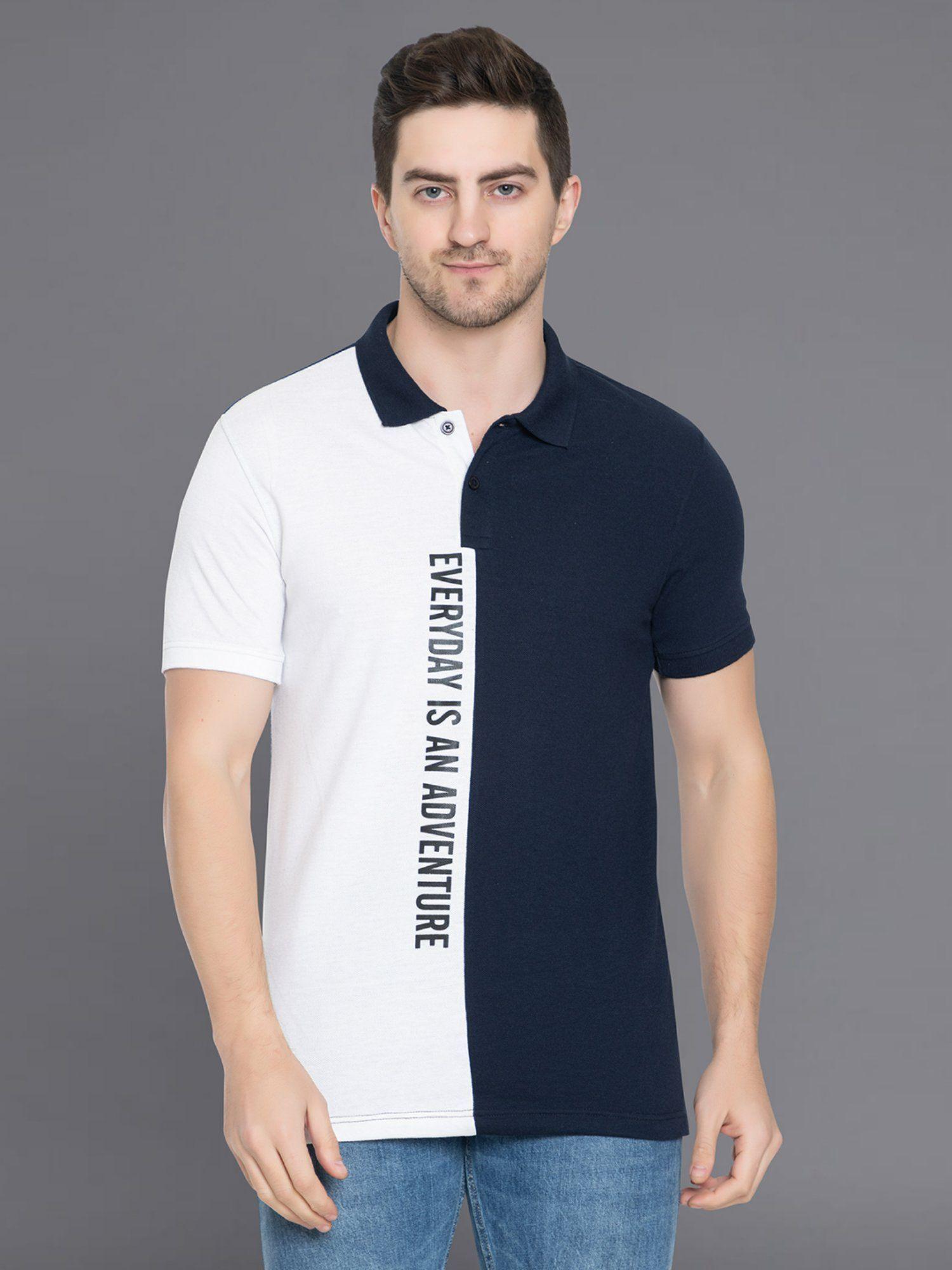 men navy blue half sleeve colorblocked polo neck t-shirt