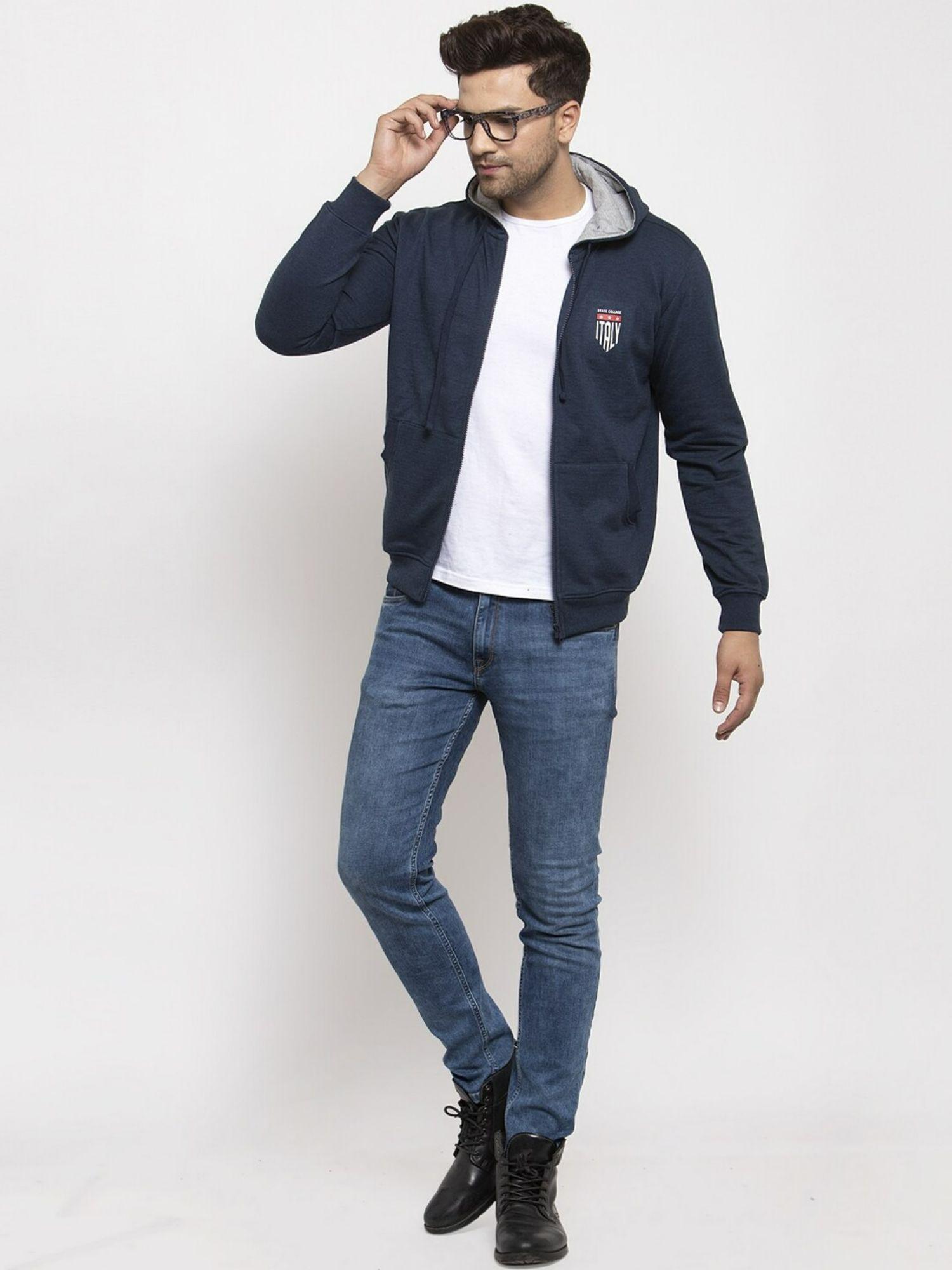 men navy blue hooded casual sweatshirt