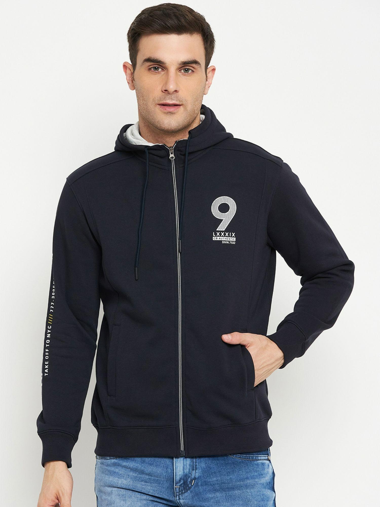 men navy blue hooded casual sweatshirt