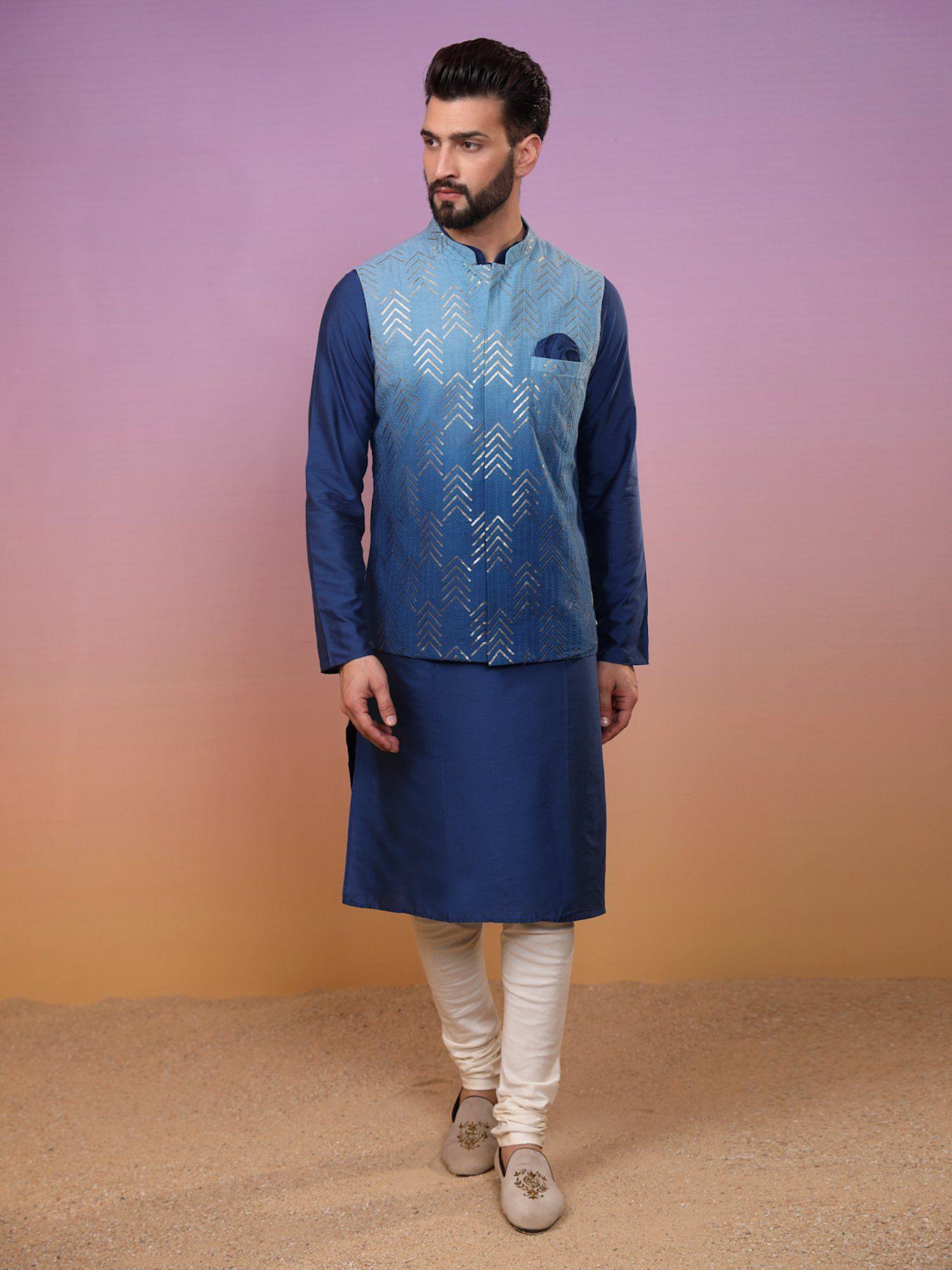 men navy blue jacket kurta and churidar (set of 3)