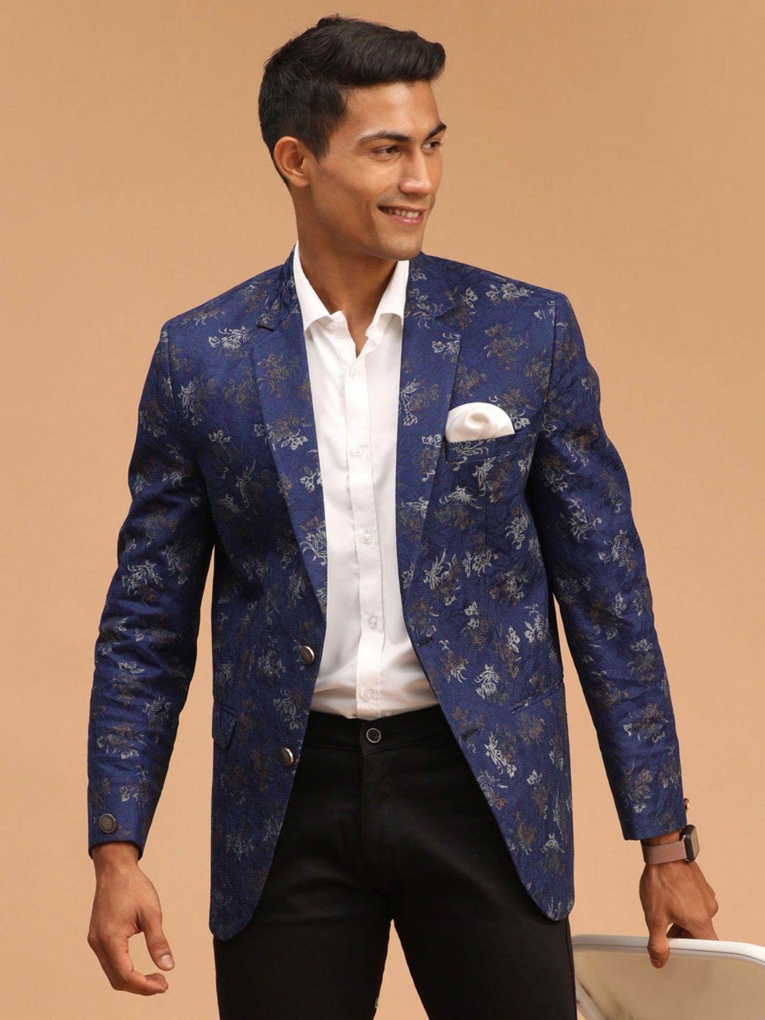 men navy blue jacquard blazer