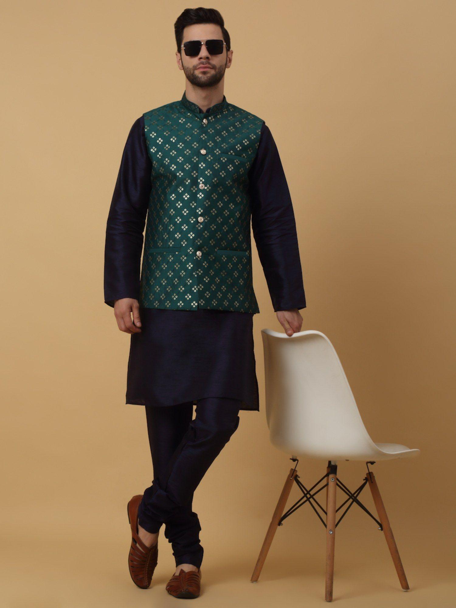 men navy blue kurta & churidar with embroidered green nehru jacket (set of 3)