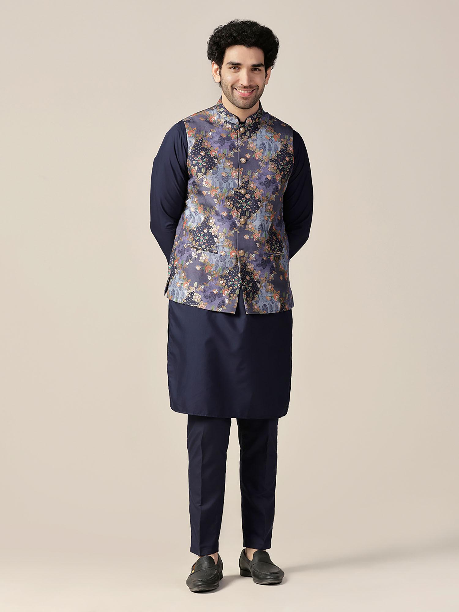 men navy blue kurta and jacket with pant (set of 3)