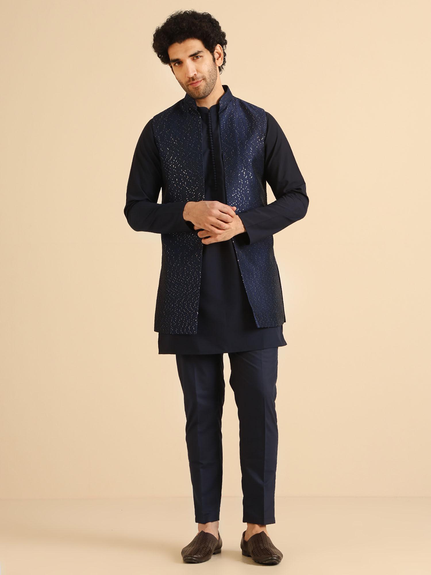 men navy blue kurta and jacket with pant (set of 3)