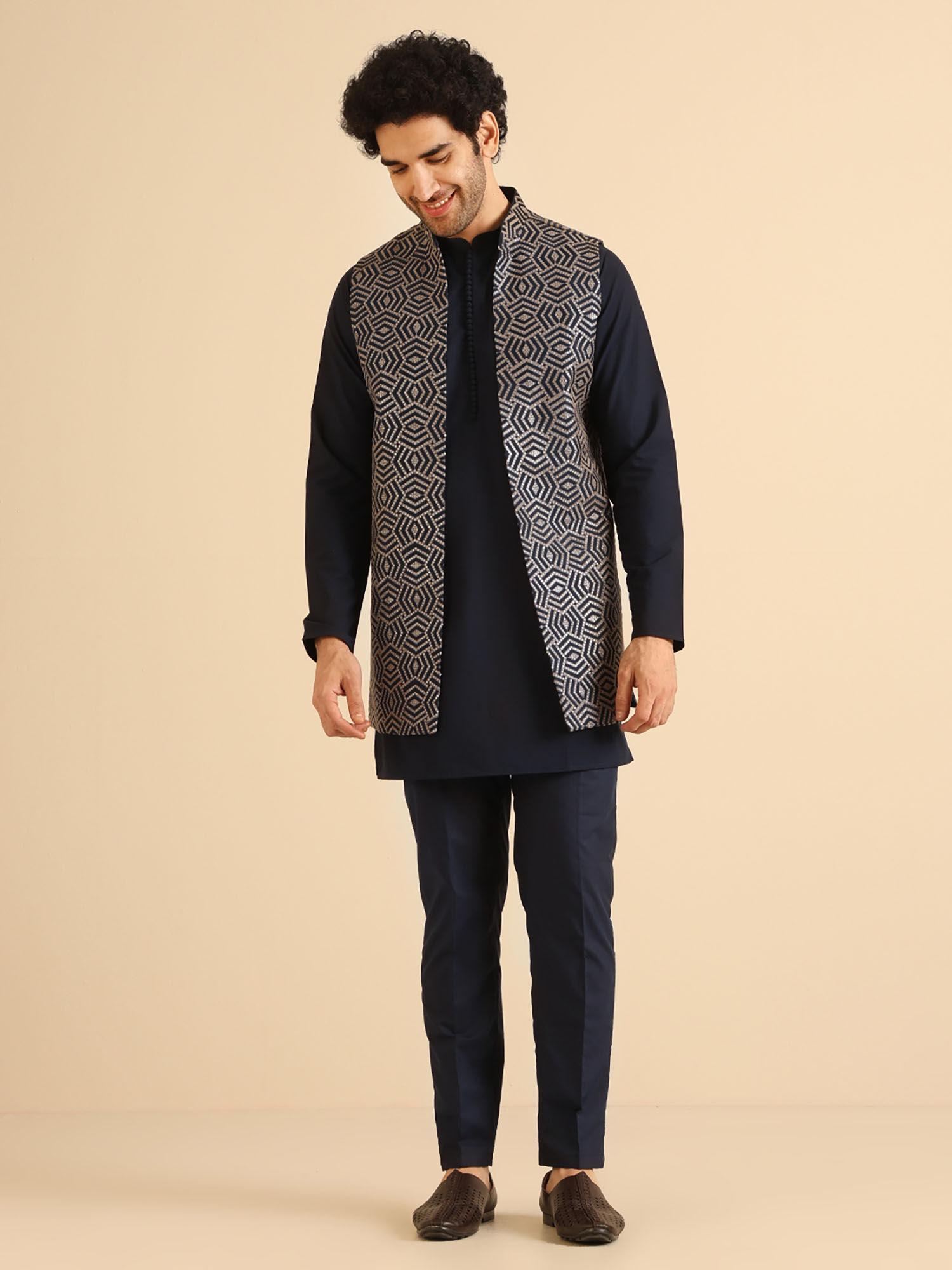 men navy blue kurta and jacket with pant (set of 3)