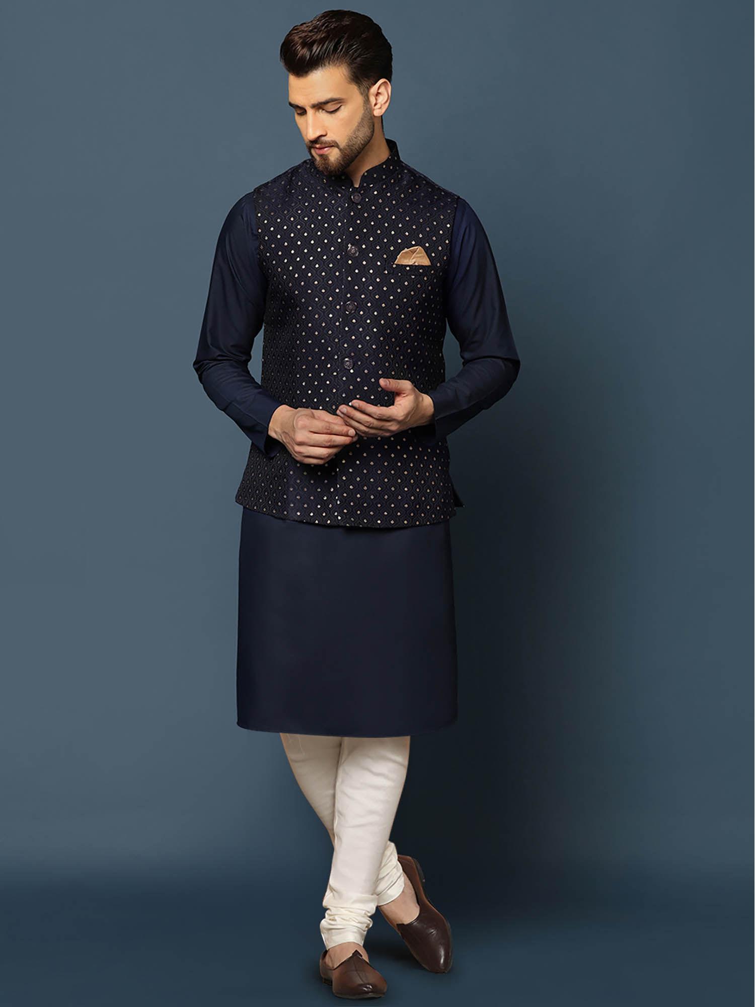 men navy blue kurta jacket churidar set (set of 3)