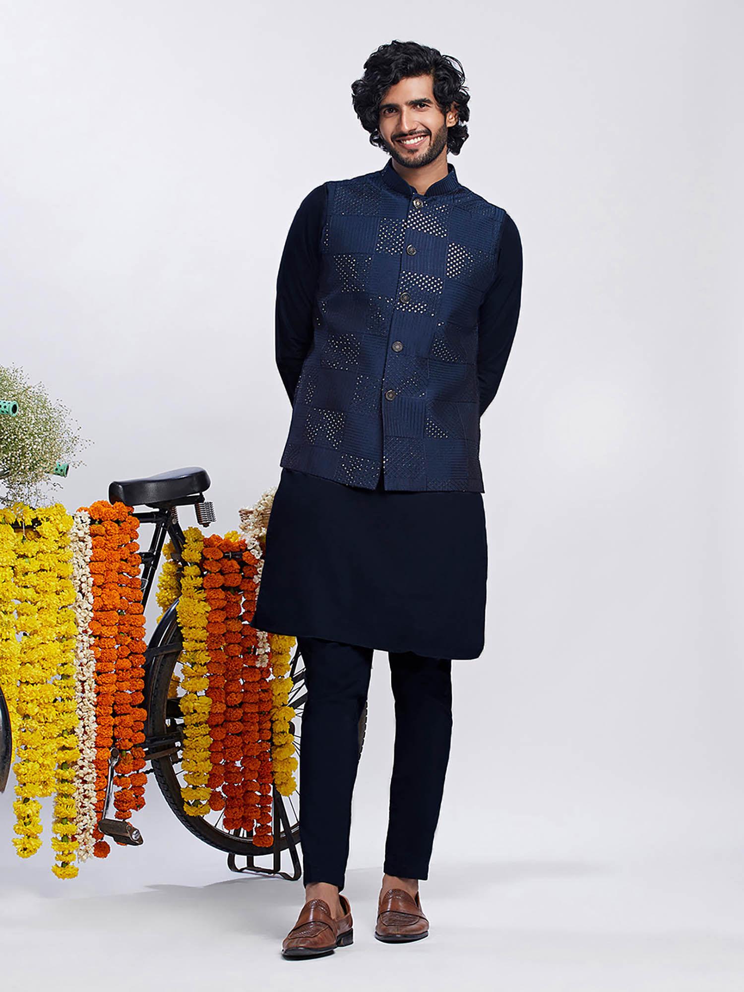 men navy blue kurta jacket trouser set (set of 3)