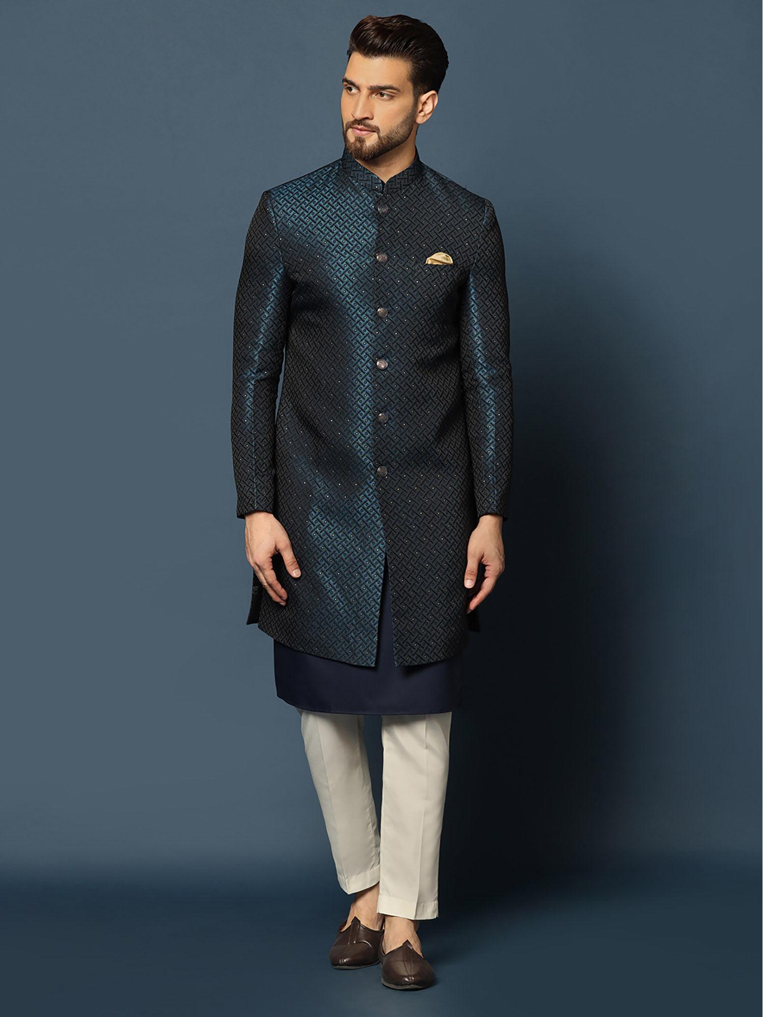 men navy blue kurta sherwani trouser set (set of 3)
