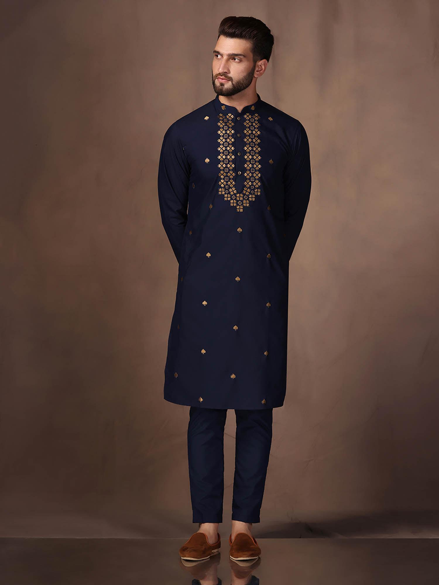 men navy blue kurta trousers (set of 2)