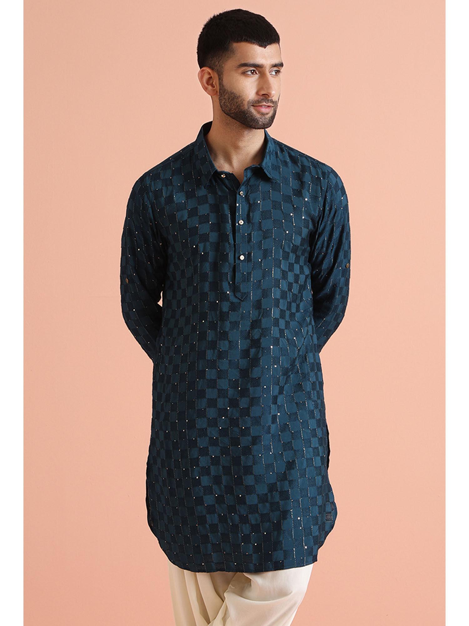 men navy blue kurta