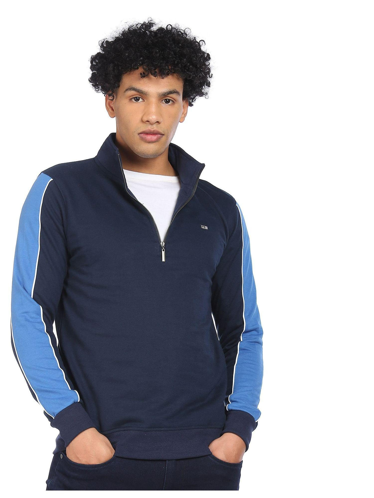 men navy blue long sleeve high neck sweatshirt