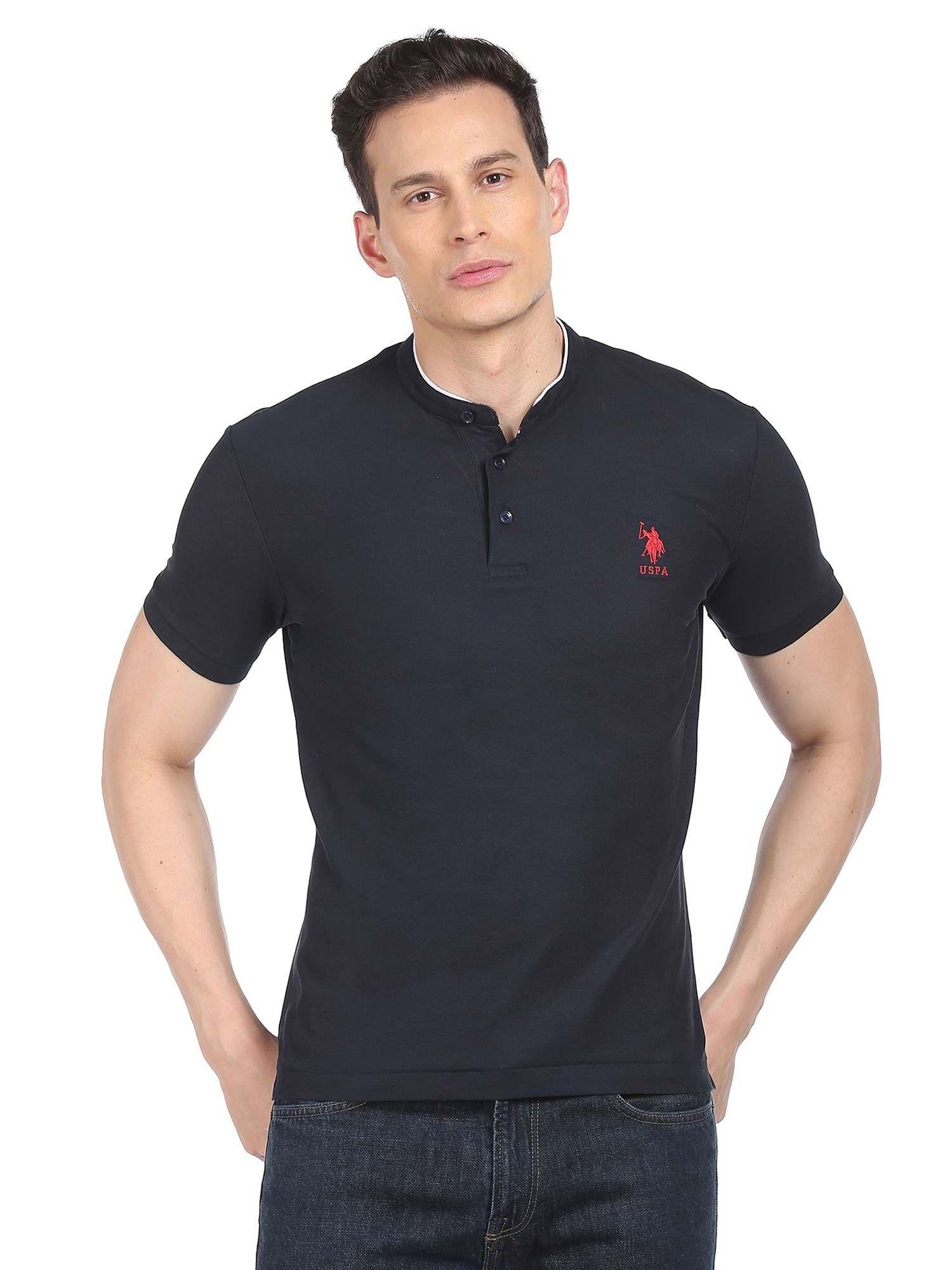 men navy blue mandarin collar brand logo t-shirt