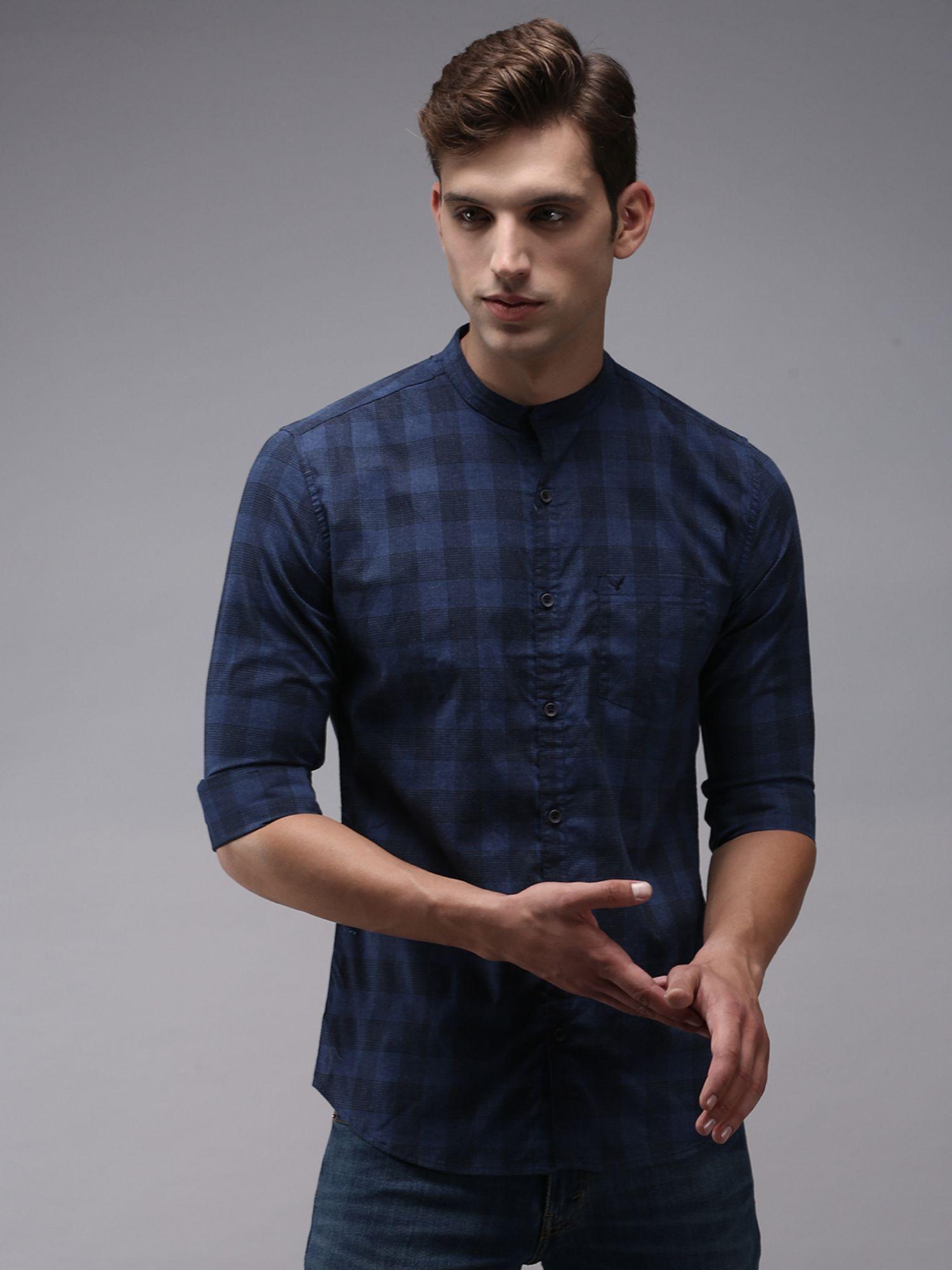 men navy blue mandarin collar gingham checks classic fit shirt