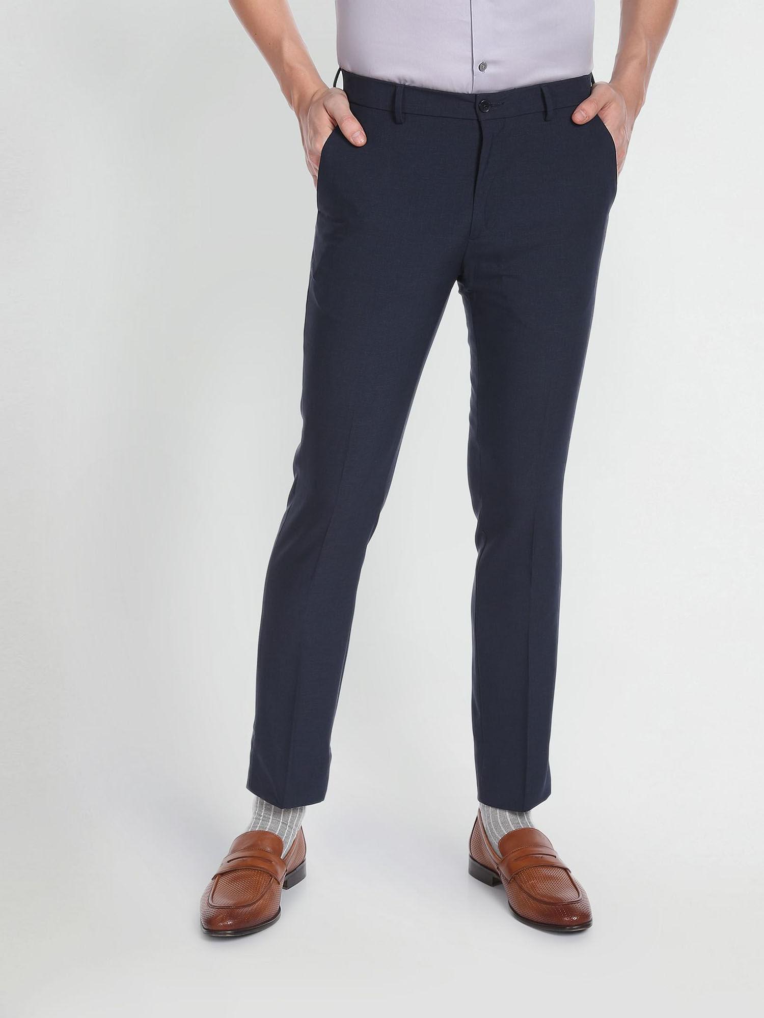 men navy blue micro solid polyester formal trouser