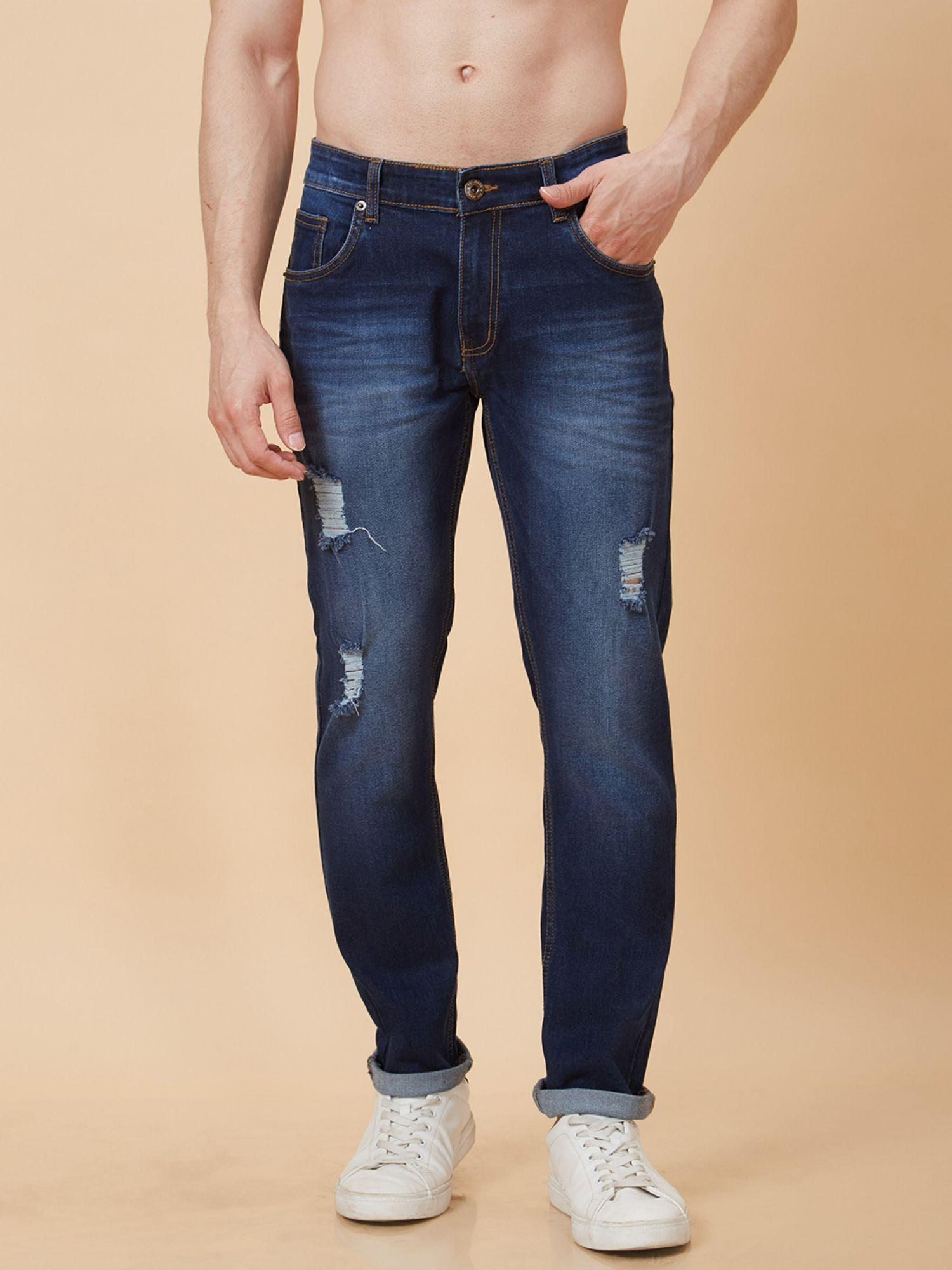 men navy blue mid rise tapered fit jeans