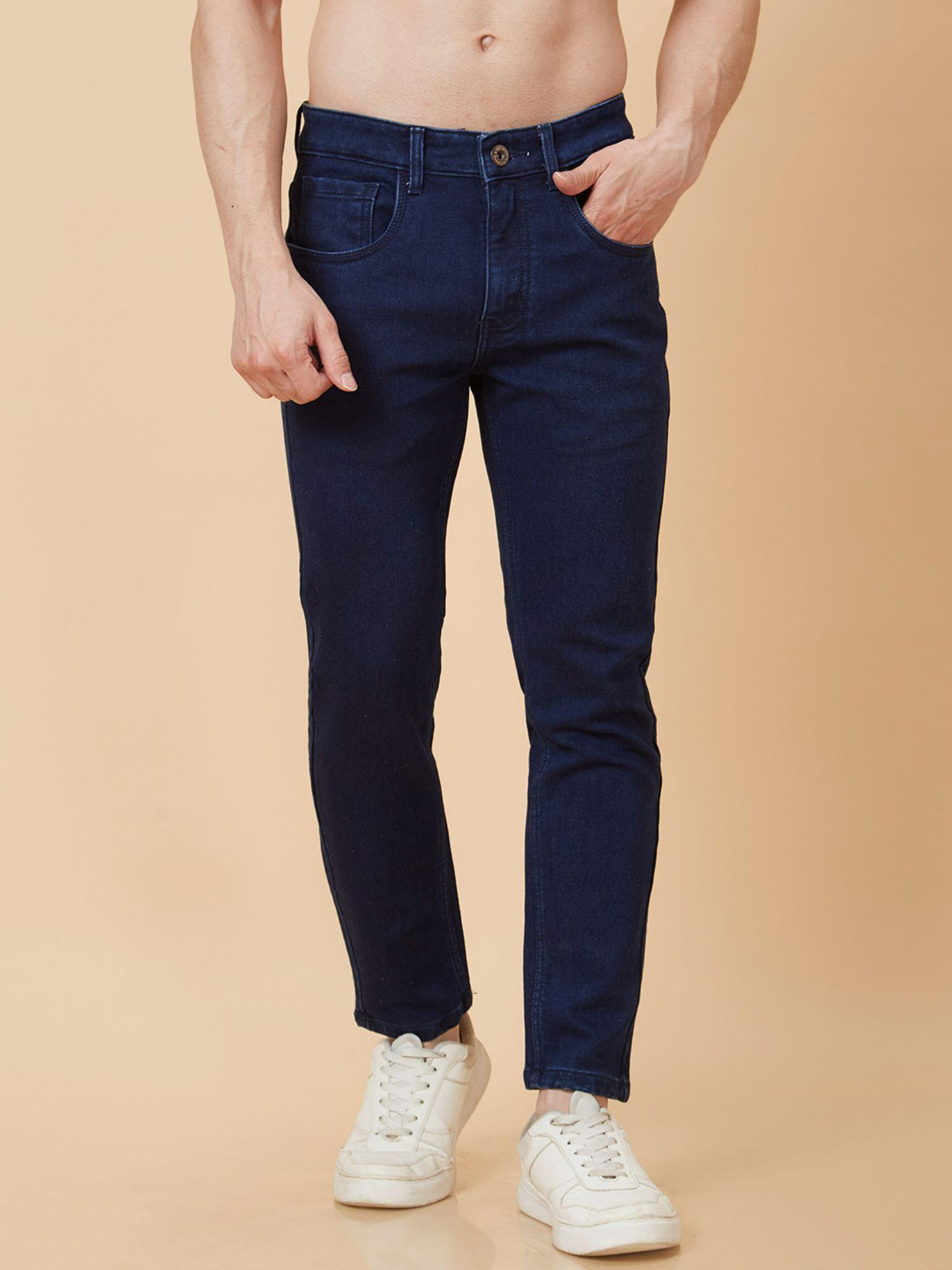 men navy blue mid rise tapered fit jeans