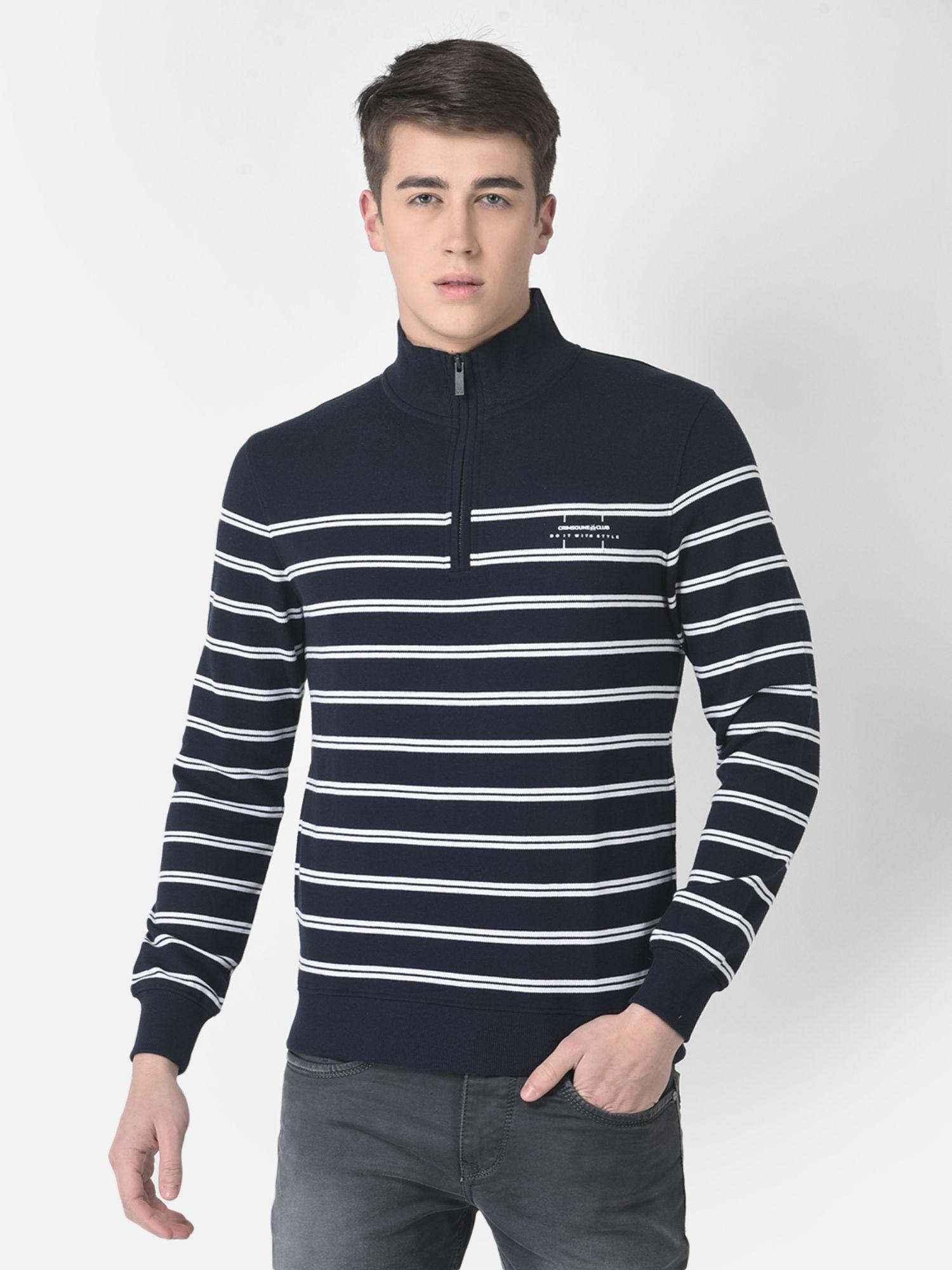 men navy blue pin-striped sweatshirt