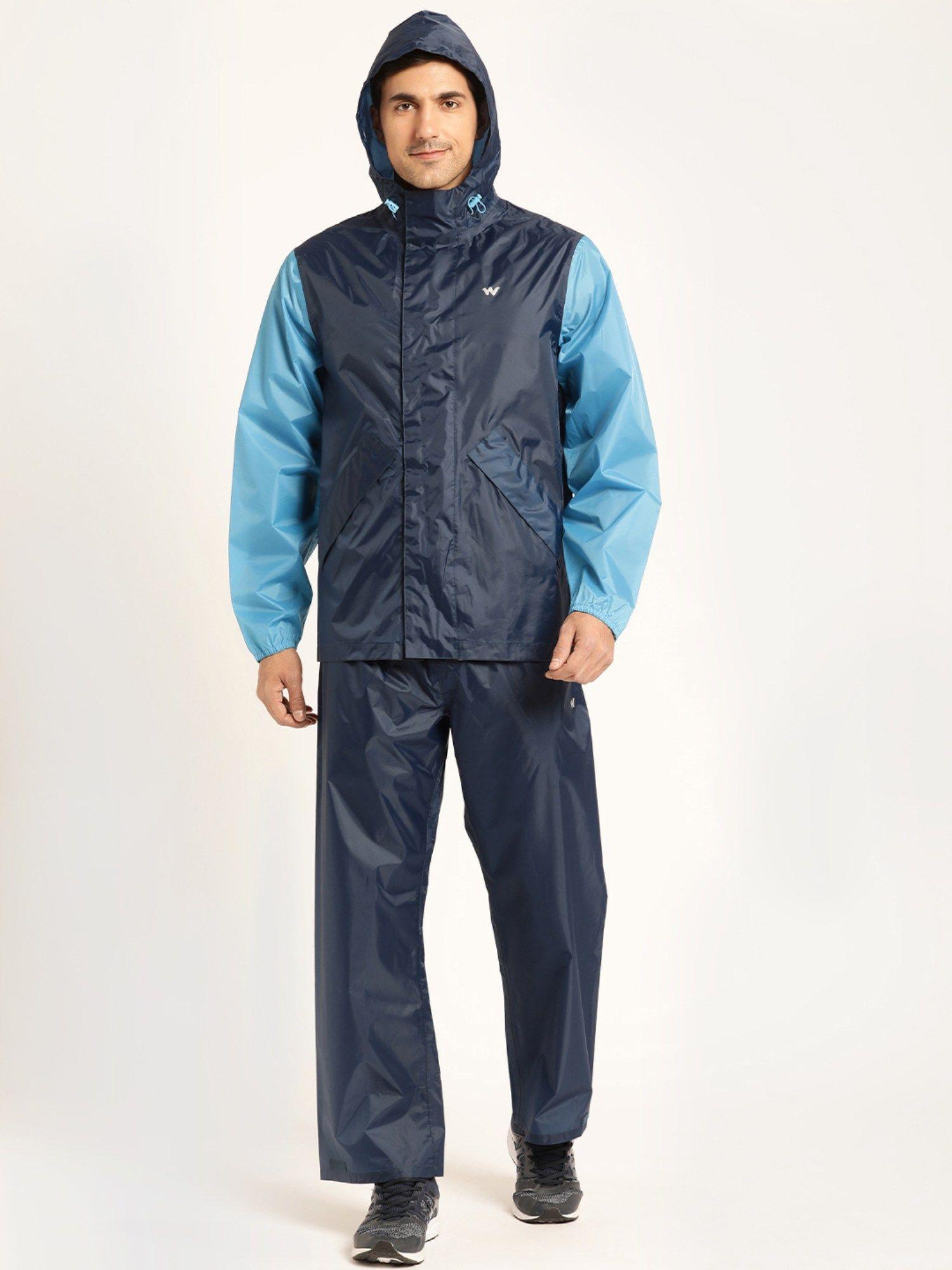 men navy blue polyester colorblock rain jacket with pant (set of 2)