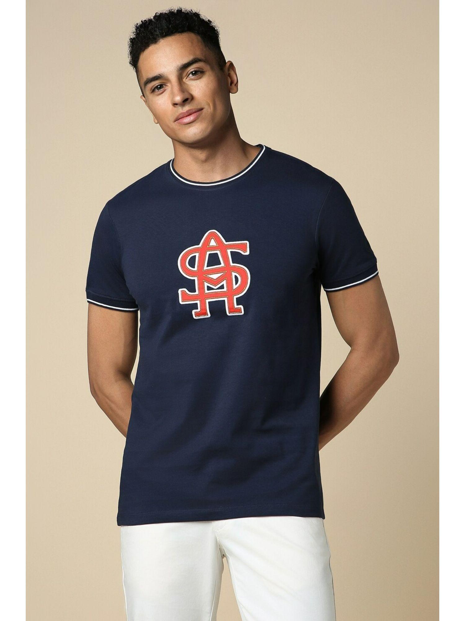 men navy blue print crew neck printed t-shirt