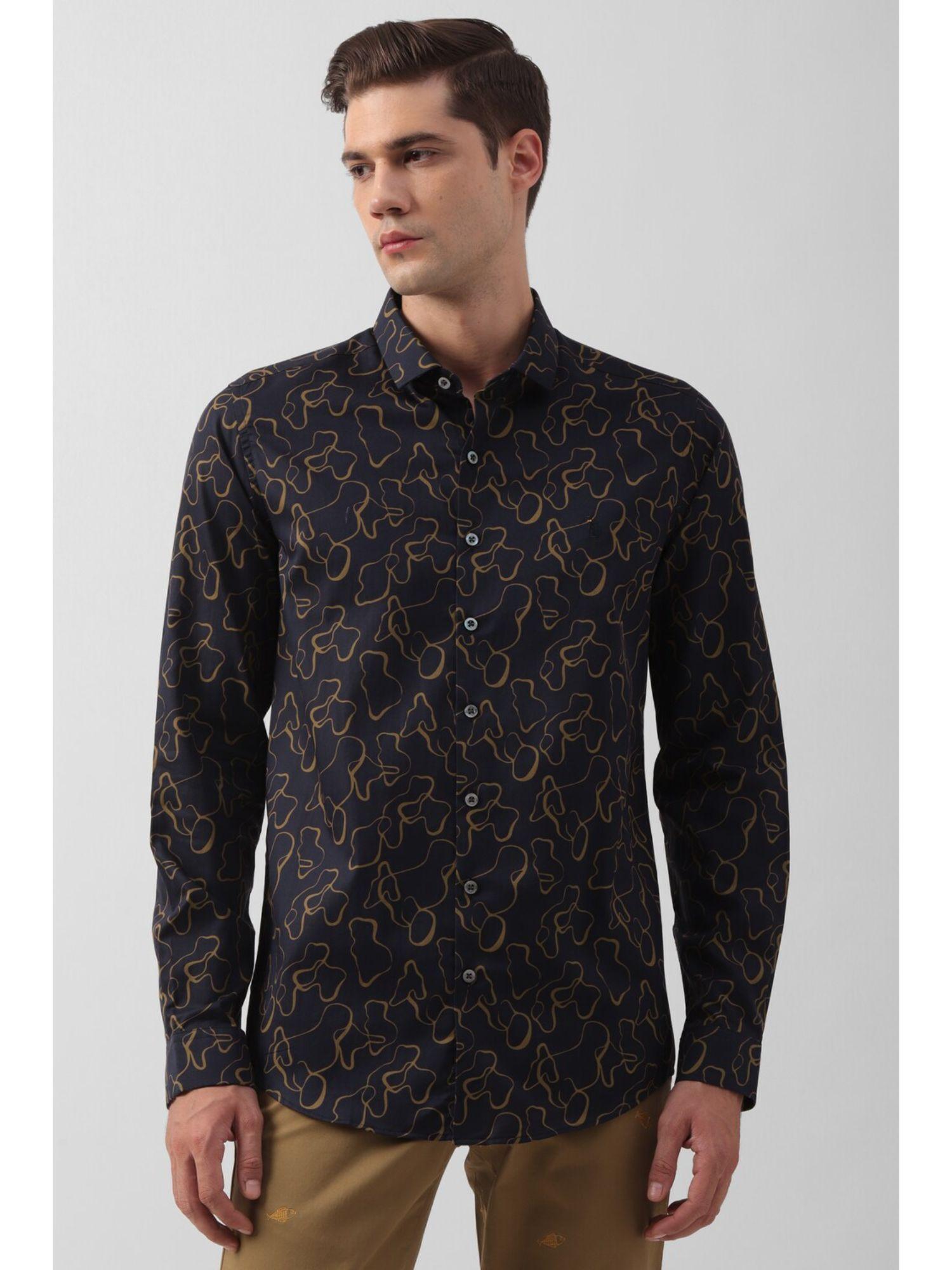 men navy blue printed full sleeves casual shirt