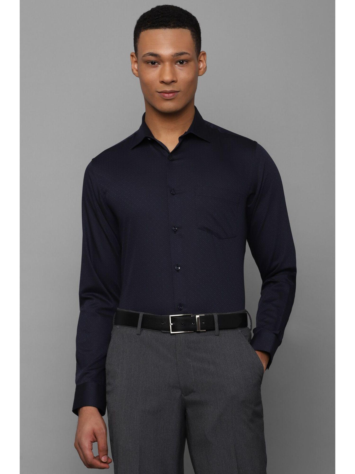 men navy blue printed full sleeves formal shirt