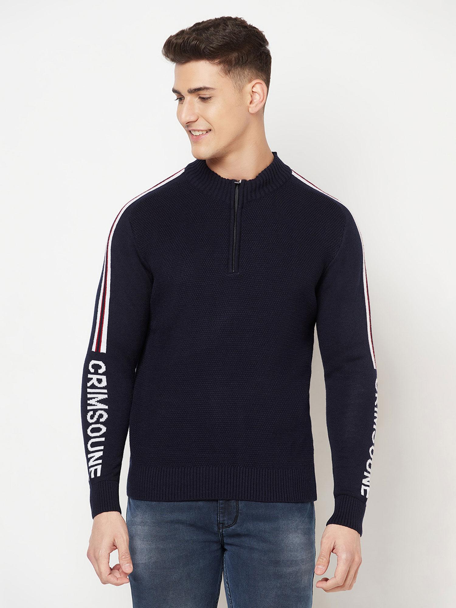 men navy blue printed mock neck sweater