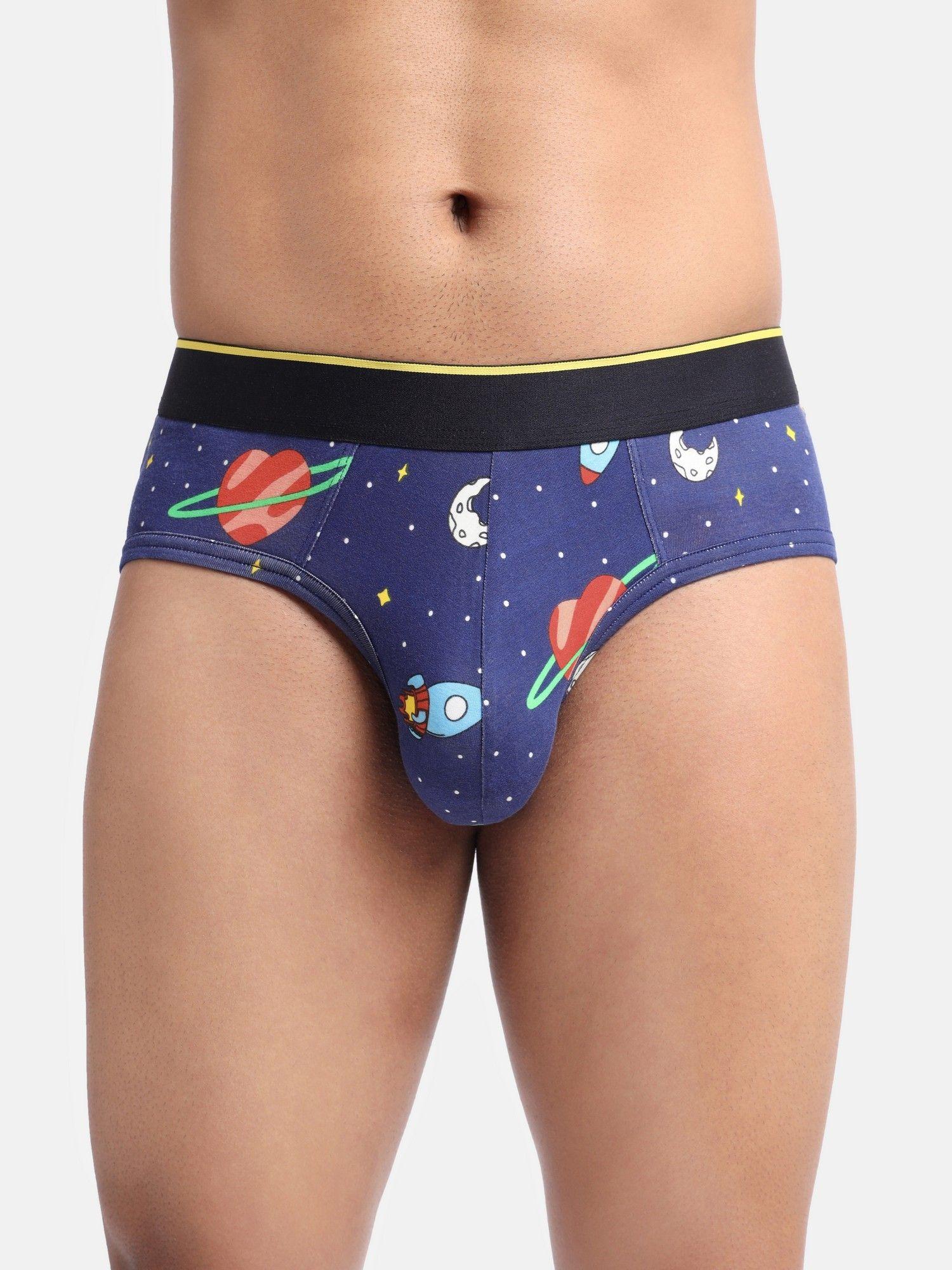 men navy blue printed modal planet love brief for men