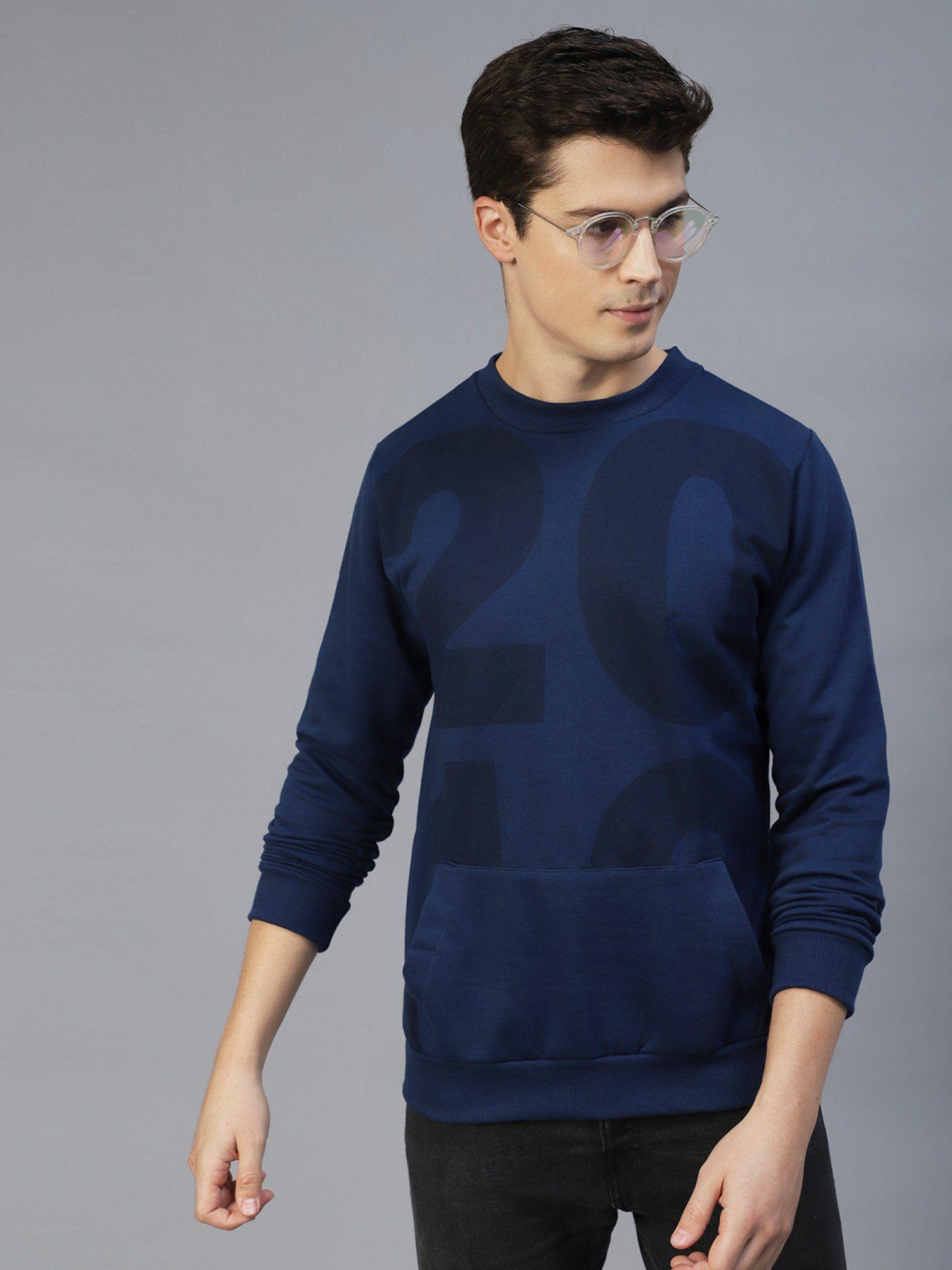 men navy blue printed round neck fleece sweatshirt