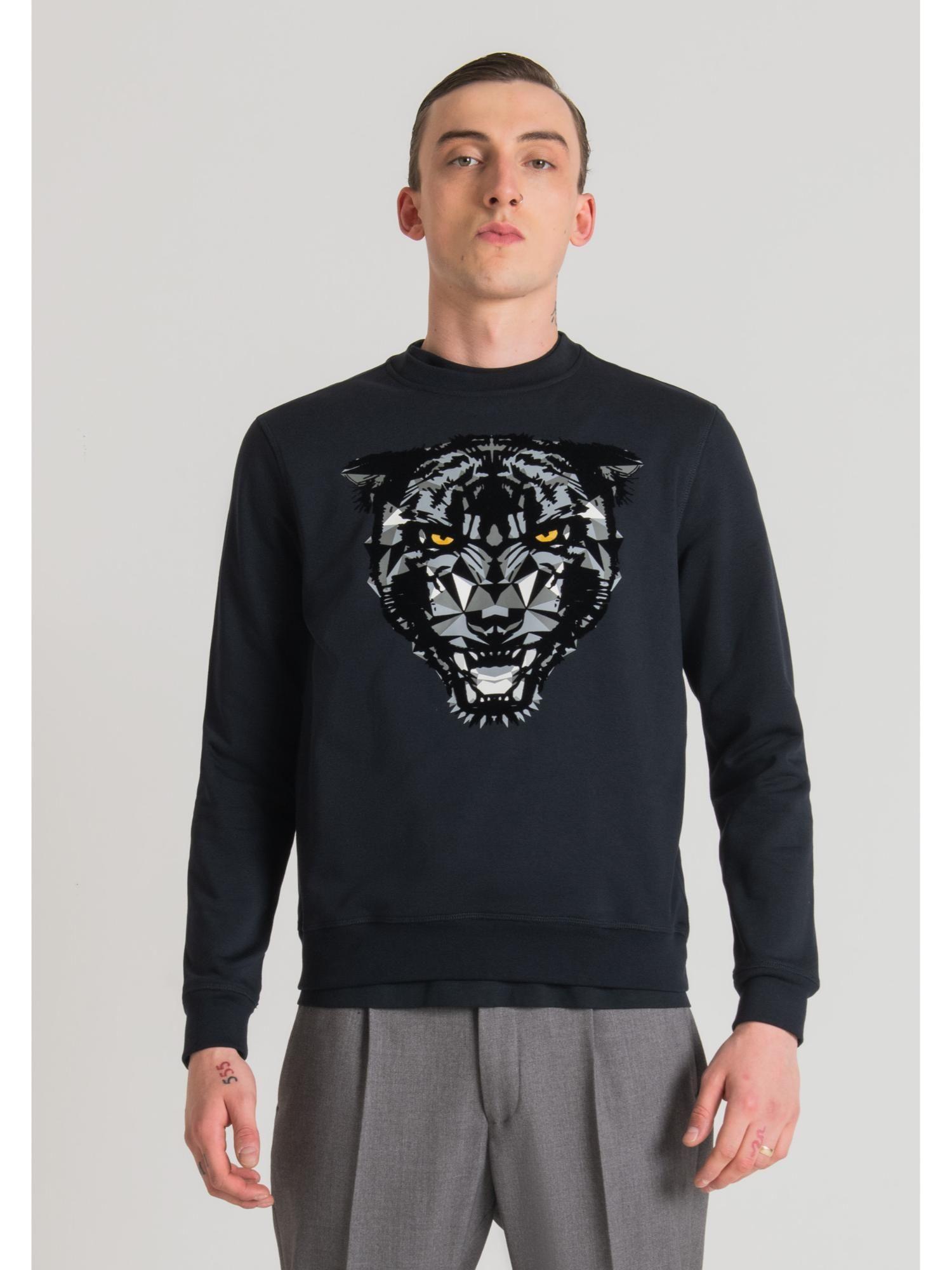 men navy blue printed round neck full sleeves sweatshirt