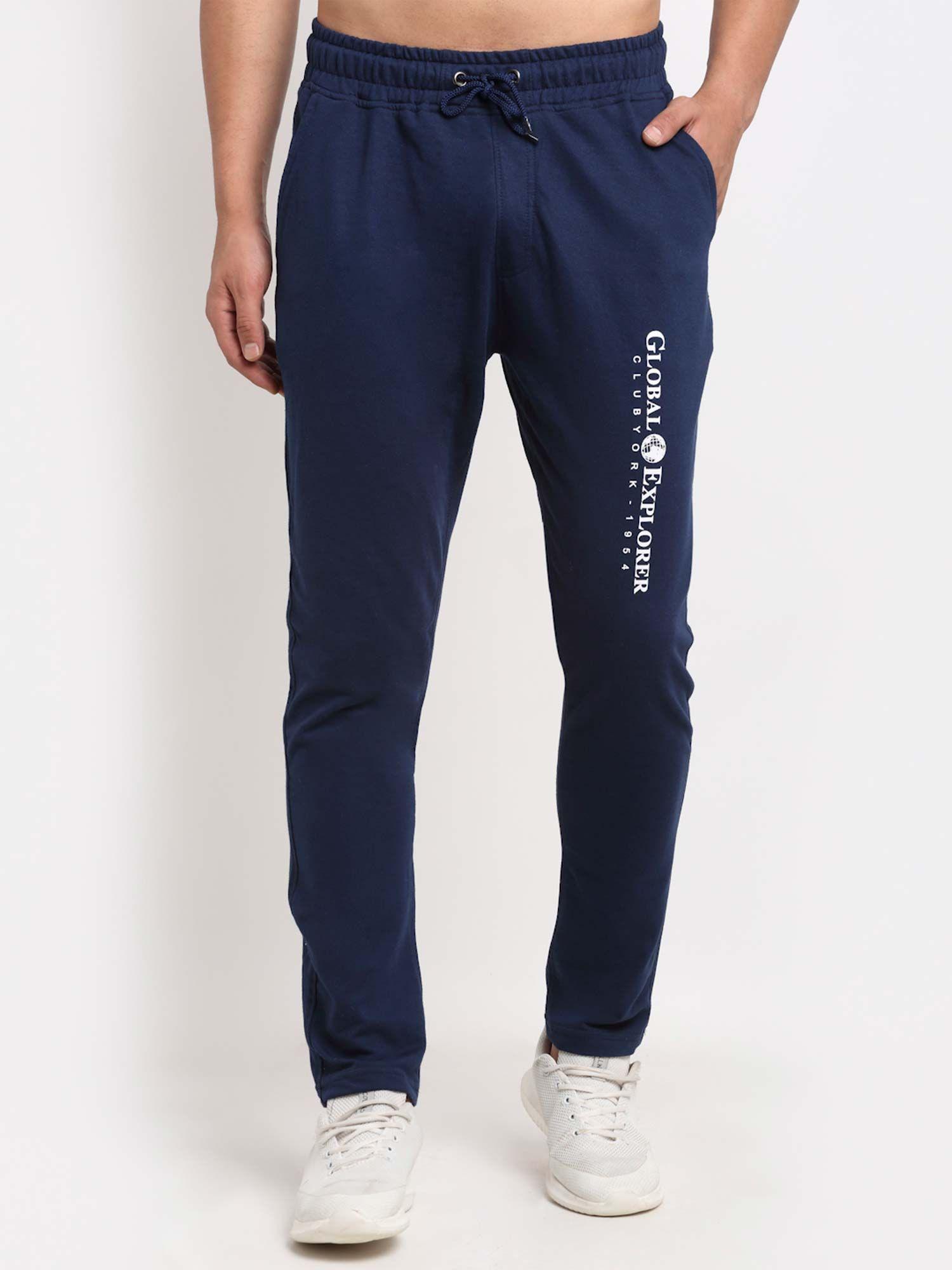 men navy blue printed track pants