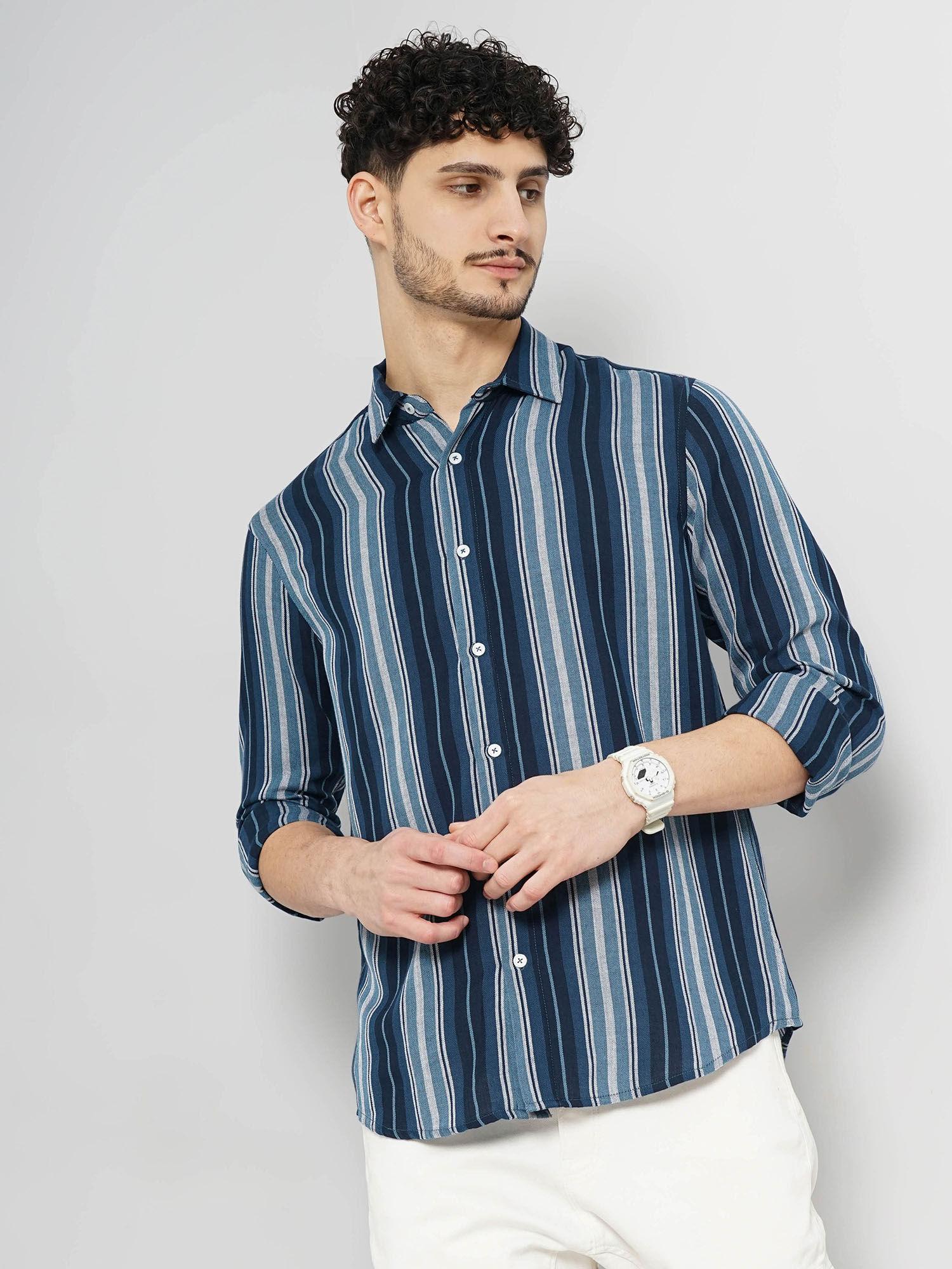 men navy blue regular fit cotton stripes casual shirt