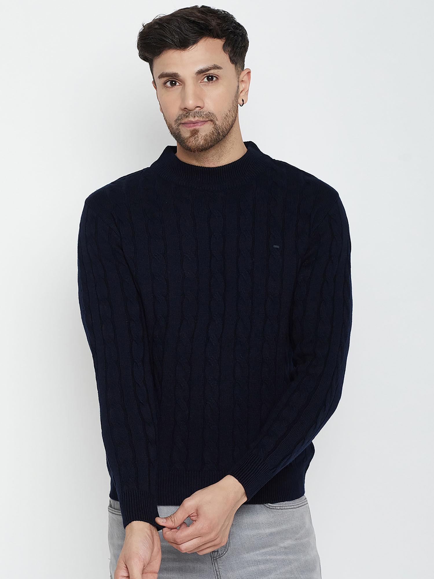 men navy blue self design full sleeves round neck sweater
