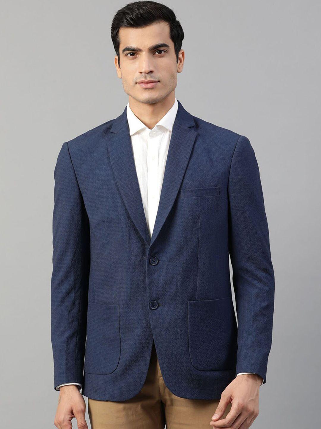 men navy blue self-design slim-fit single-breasted formal blazer