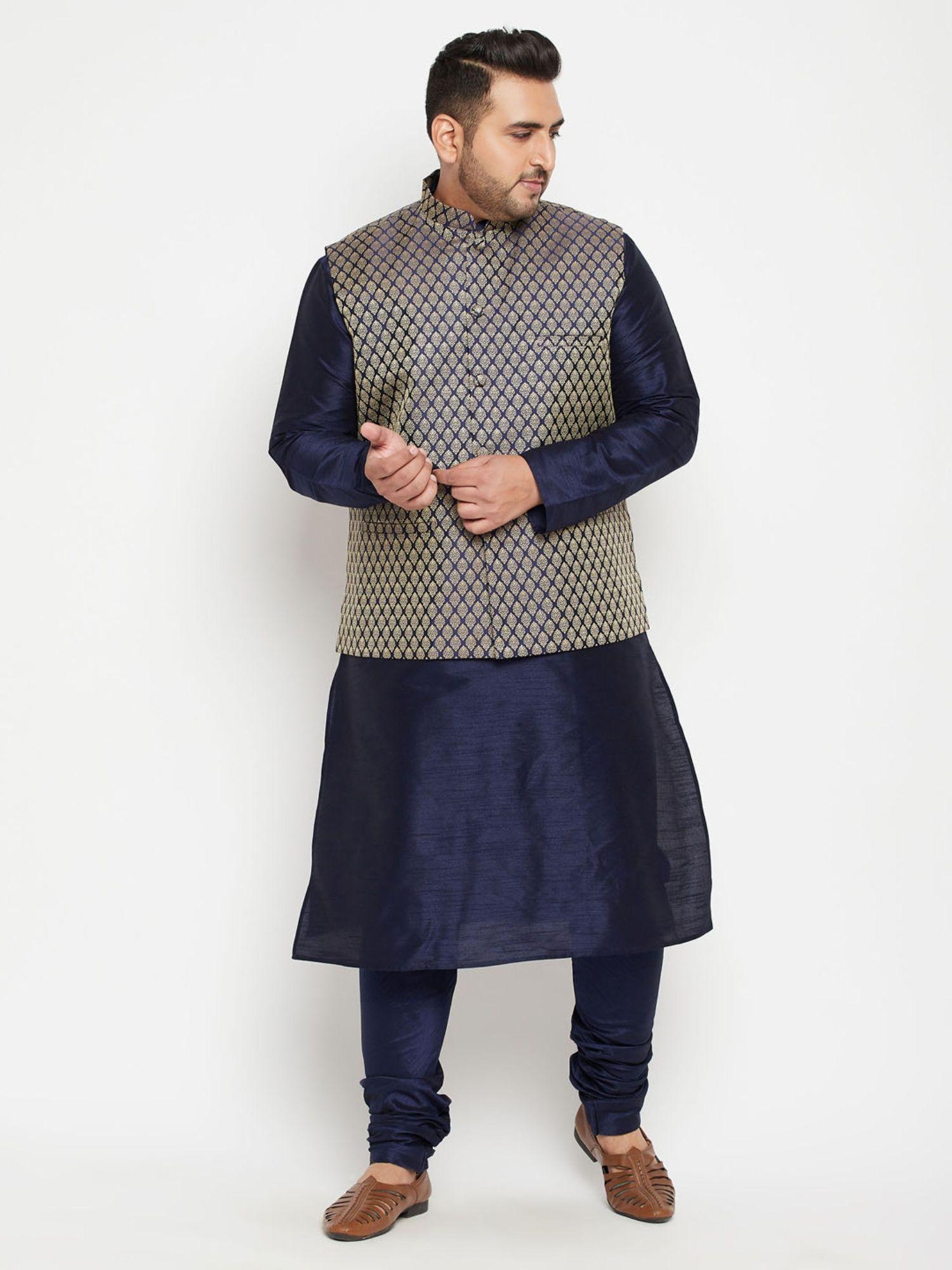 men navy blue silk blend jacket kurta churidar