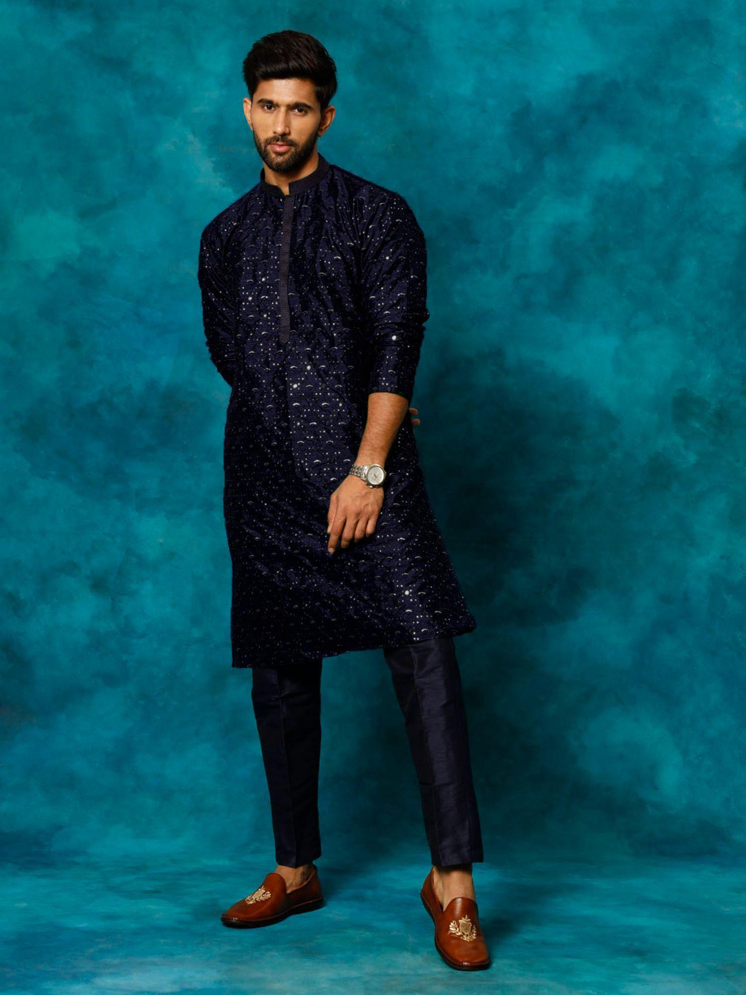 men navy blue silk blend kurta pyjama (set of 2)