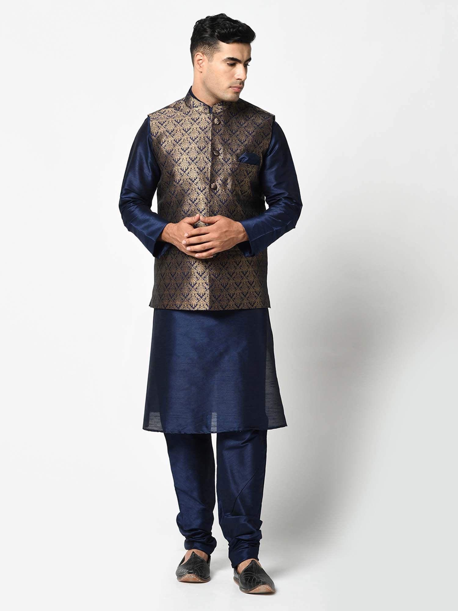 men navy blue silk blend printed kurta with pyjama nehru jacket (set of 3)