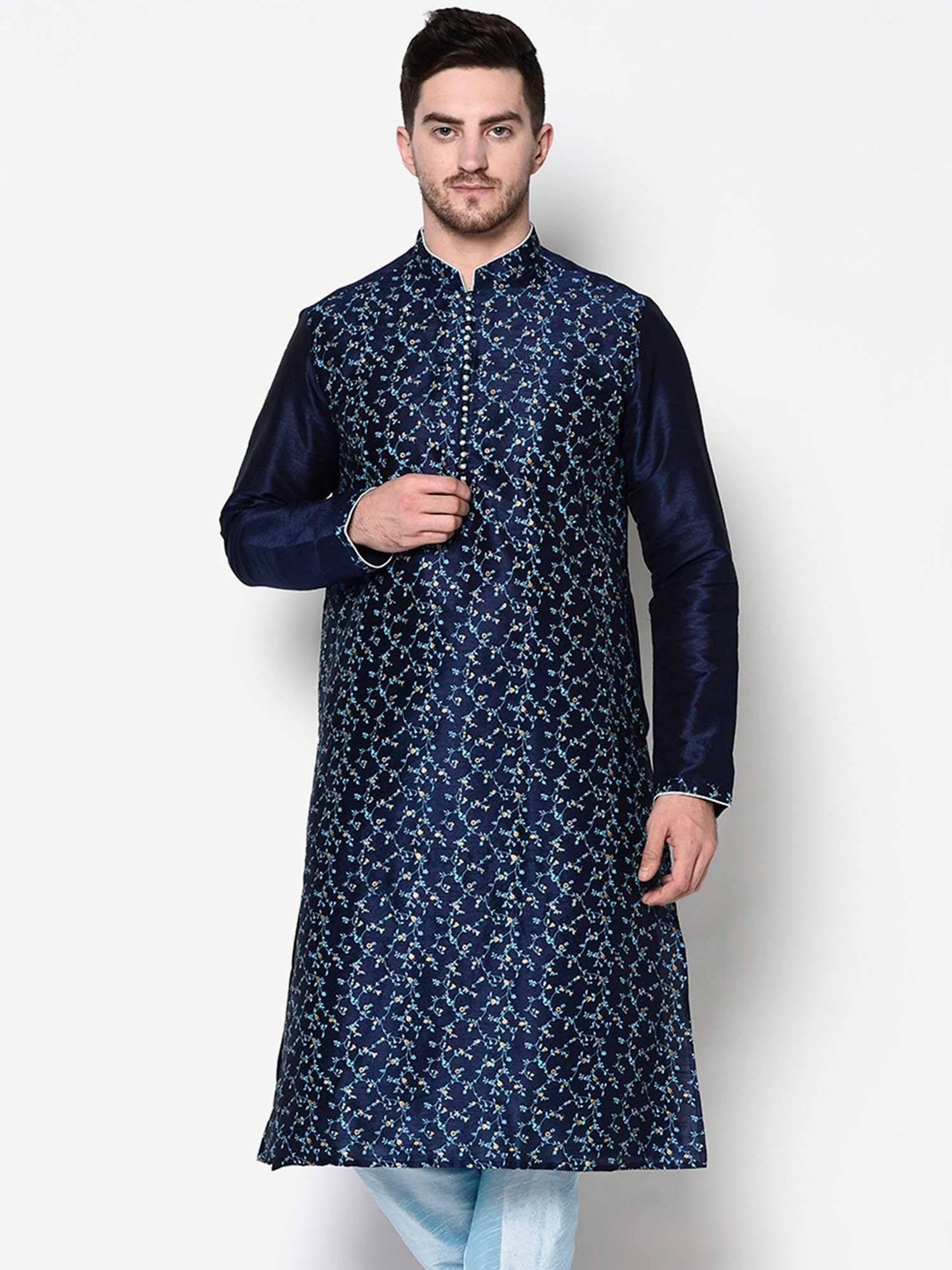 men navy blue silk floral kurta