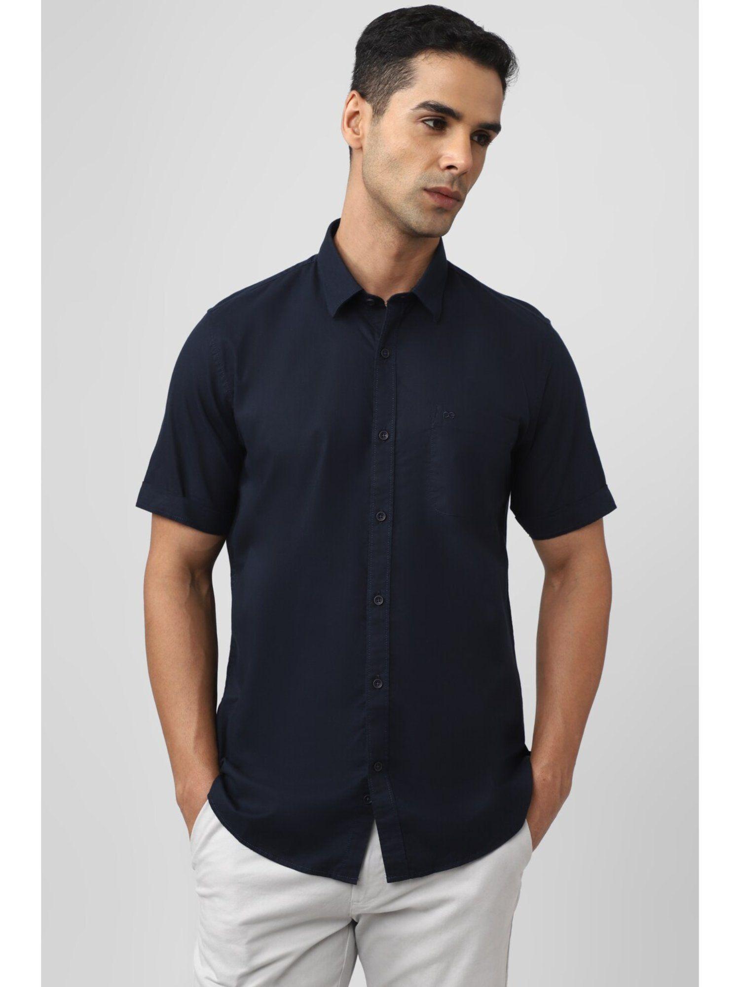 men navy blue slim fit casual shirt