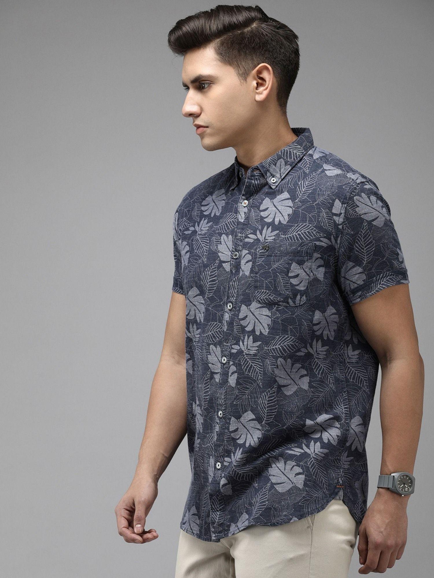 men navy blue slim fit floral printed cotton casual shirt