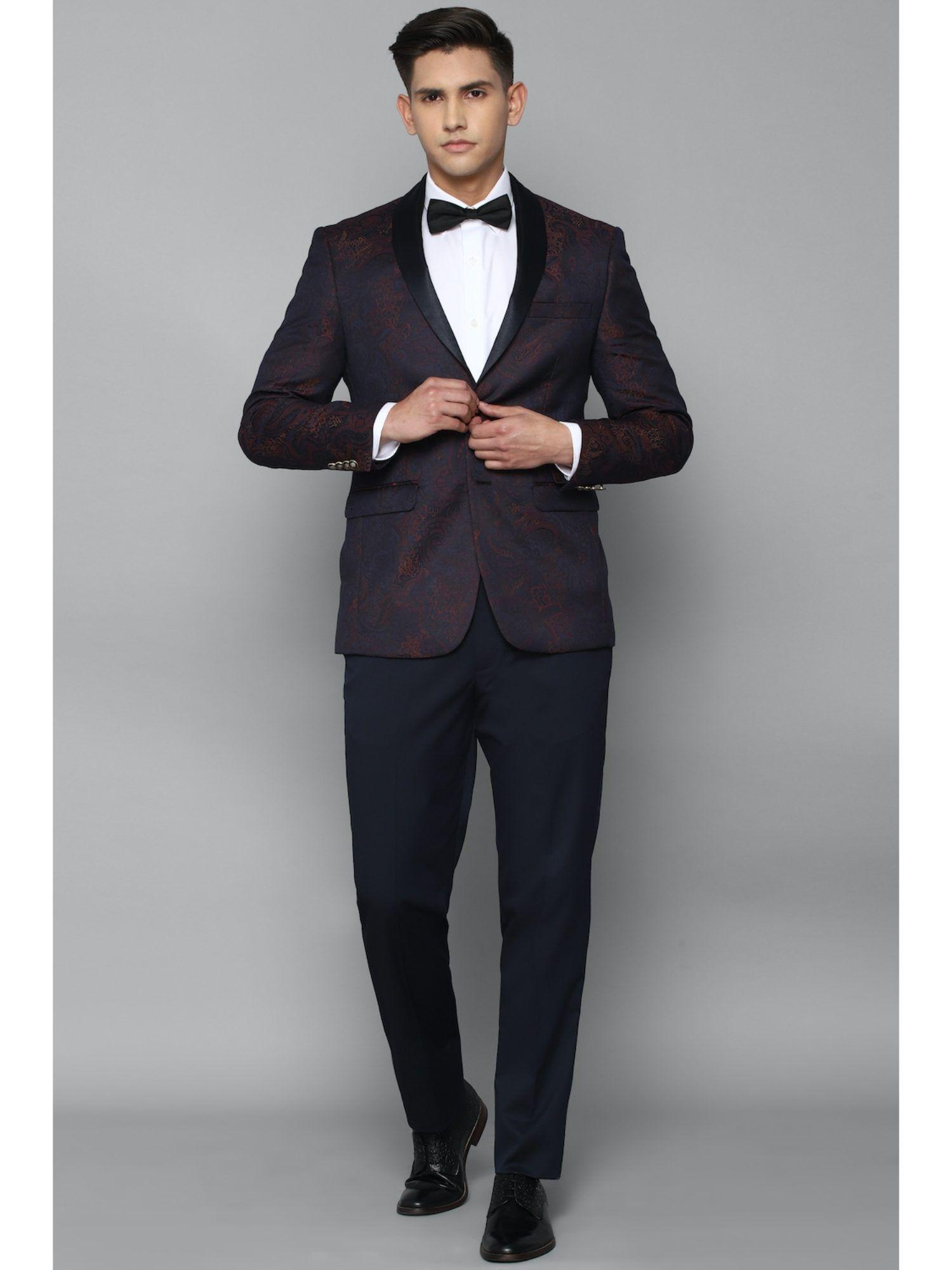 men navy blue slim fit printed formal suit (set of 2)