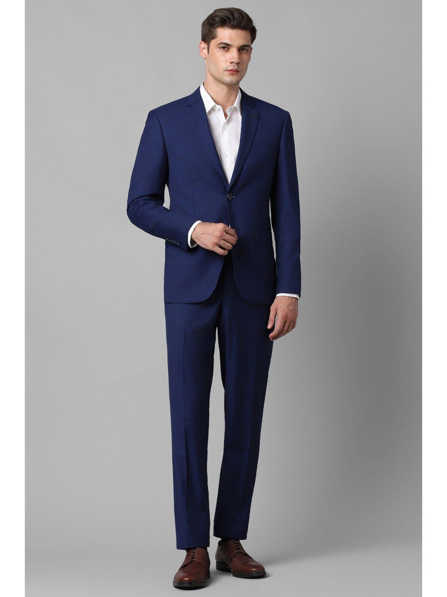 men navy blue slim fit textured formal suit (set of 2)