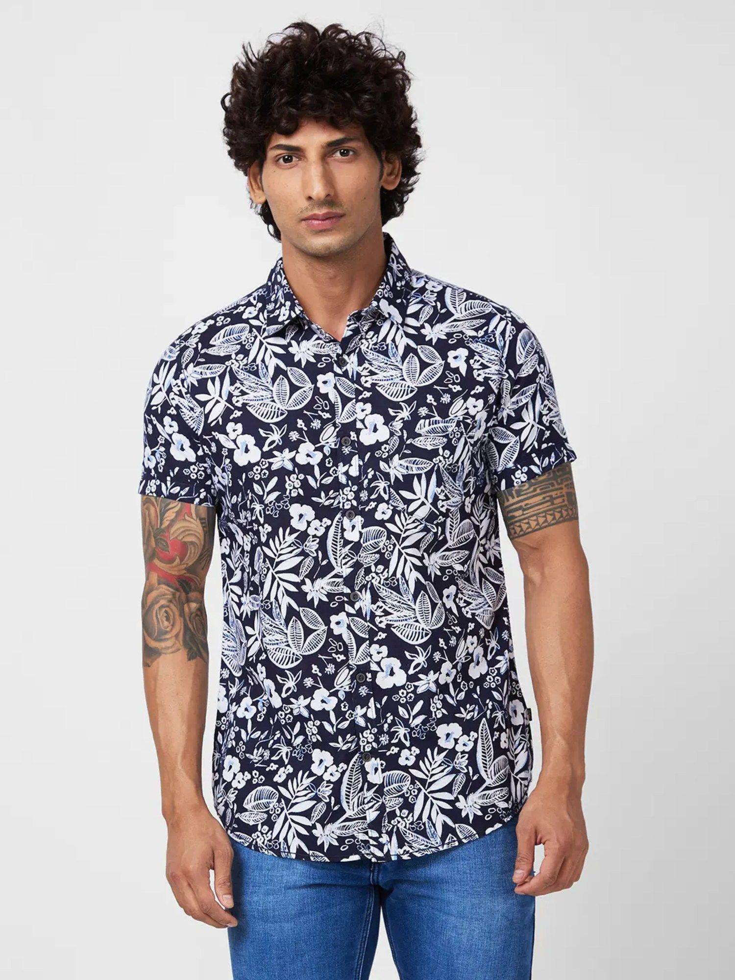 men navy blue slob regular slim fit half sleeve casual floral print shirt