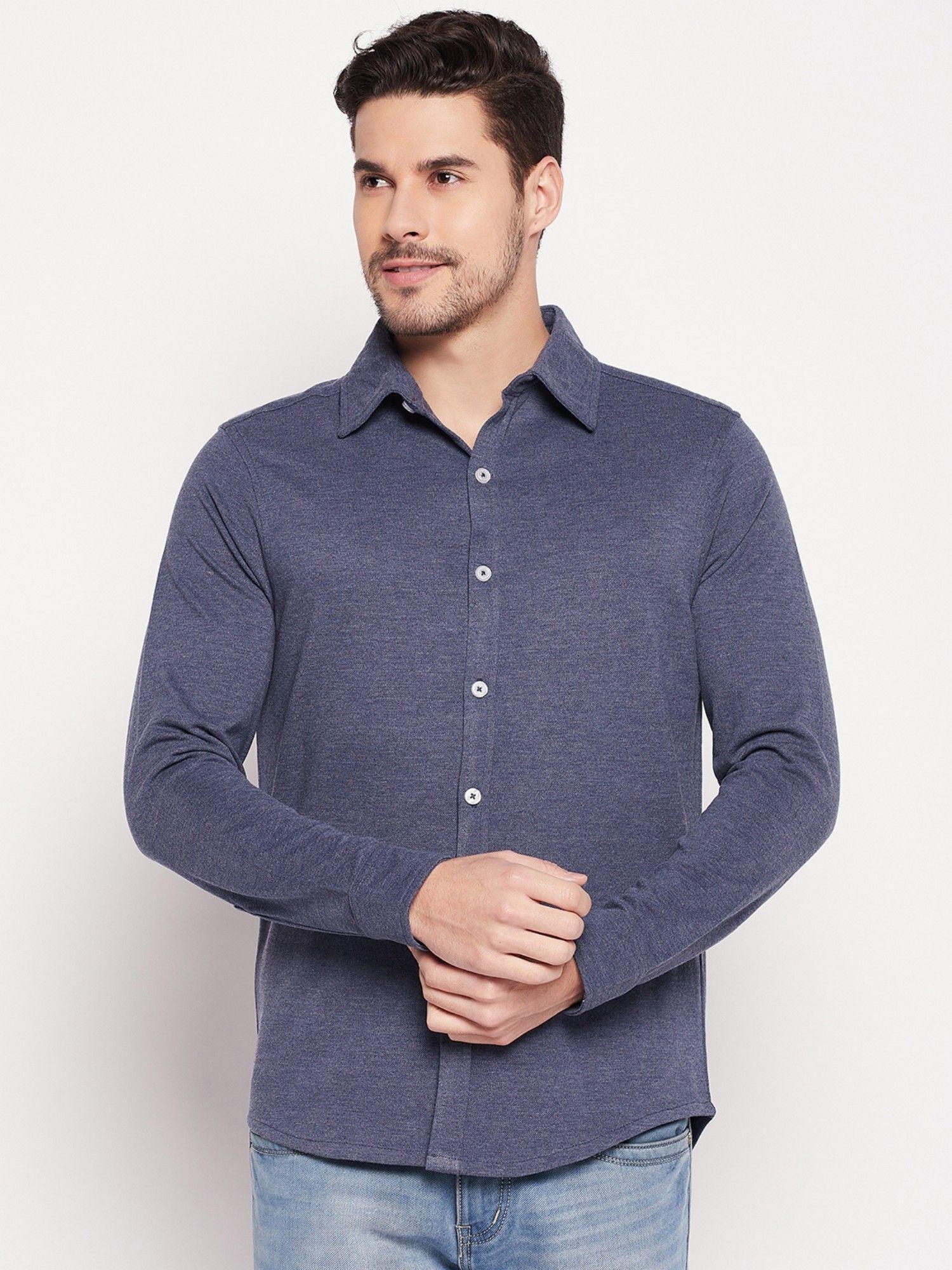 men navy blue solid collar shirt