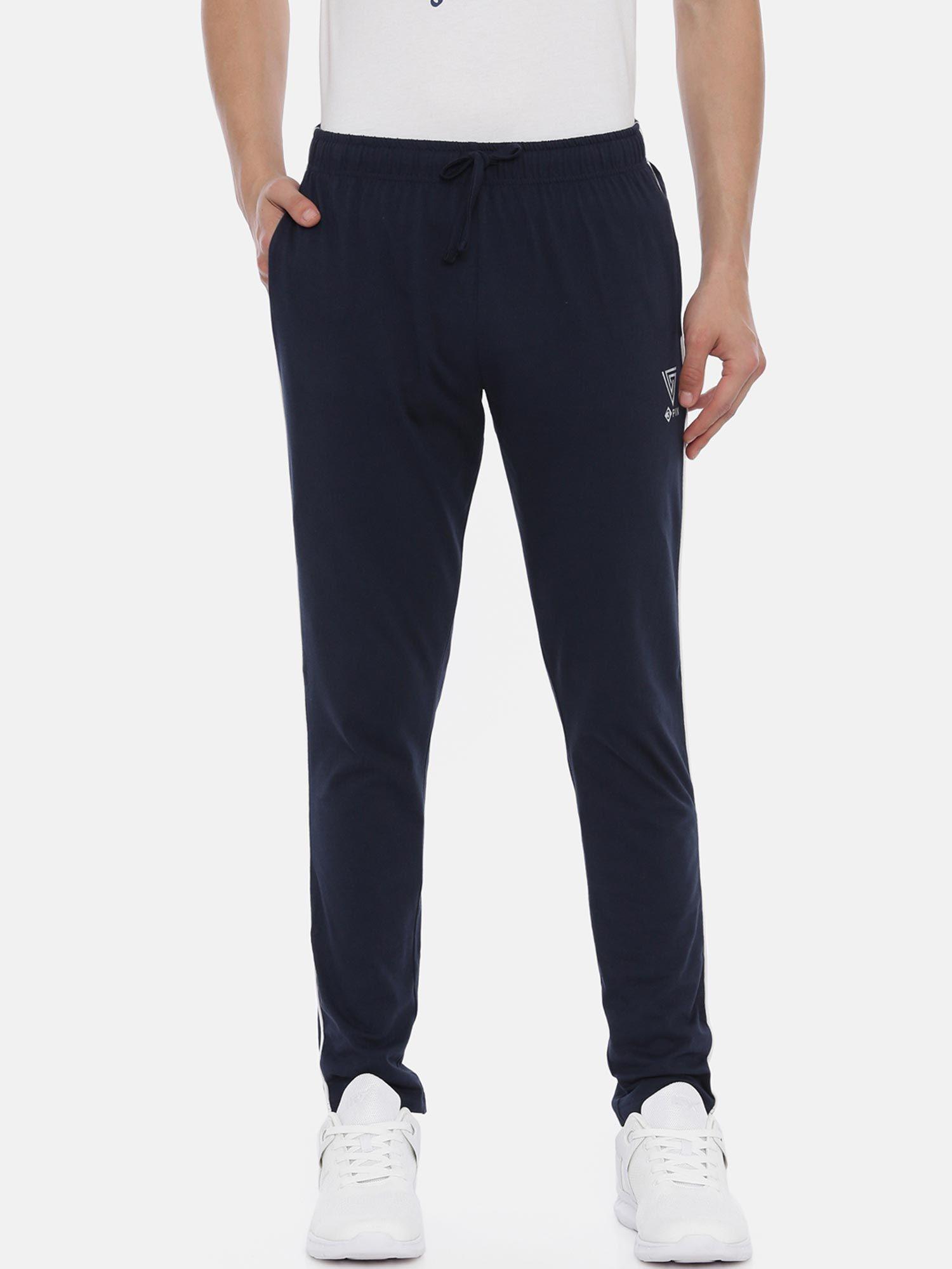men navy blue solid cotton track pants