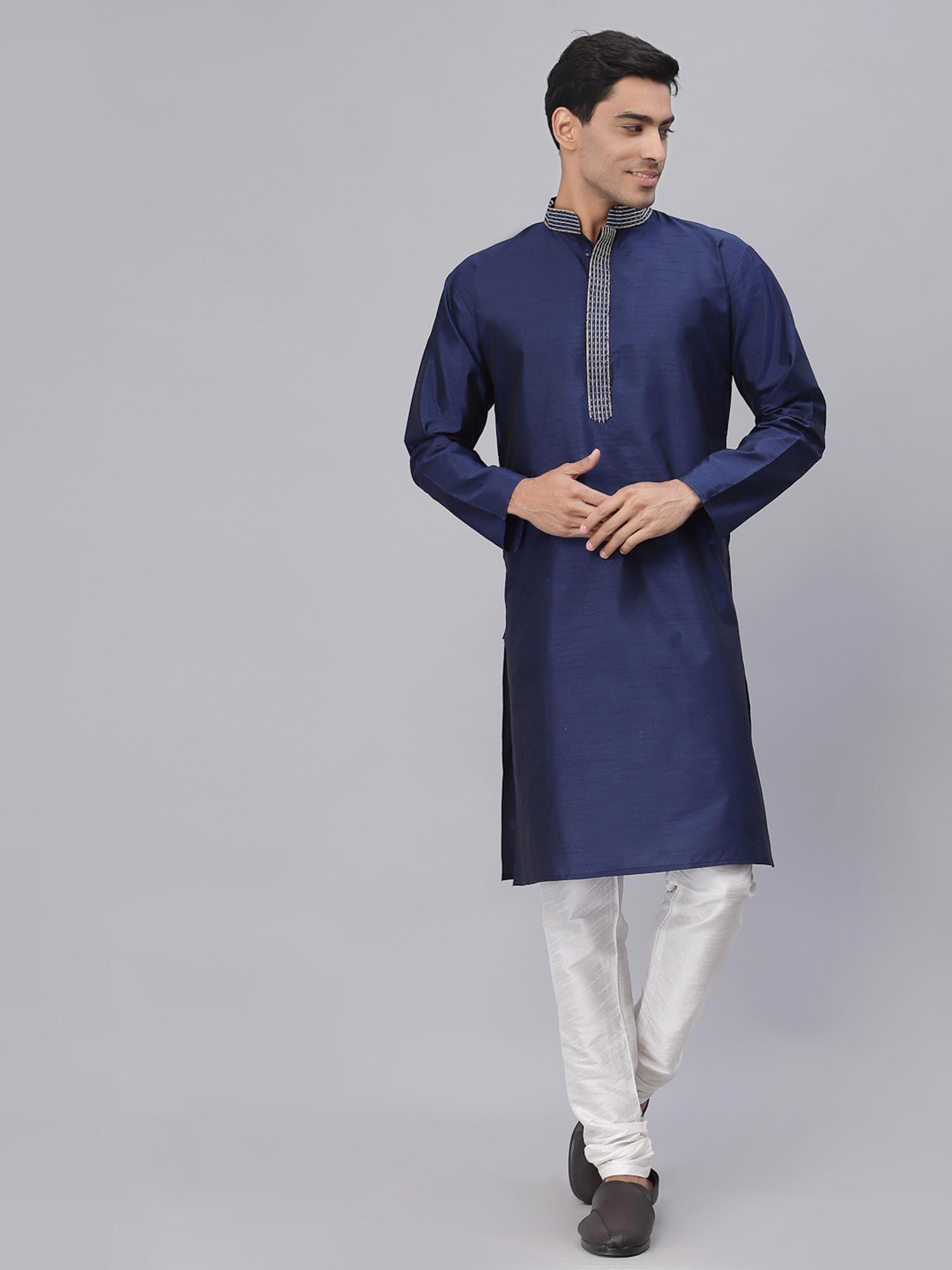 men navy blue solid dupion silk thread work straight kurta