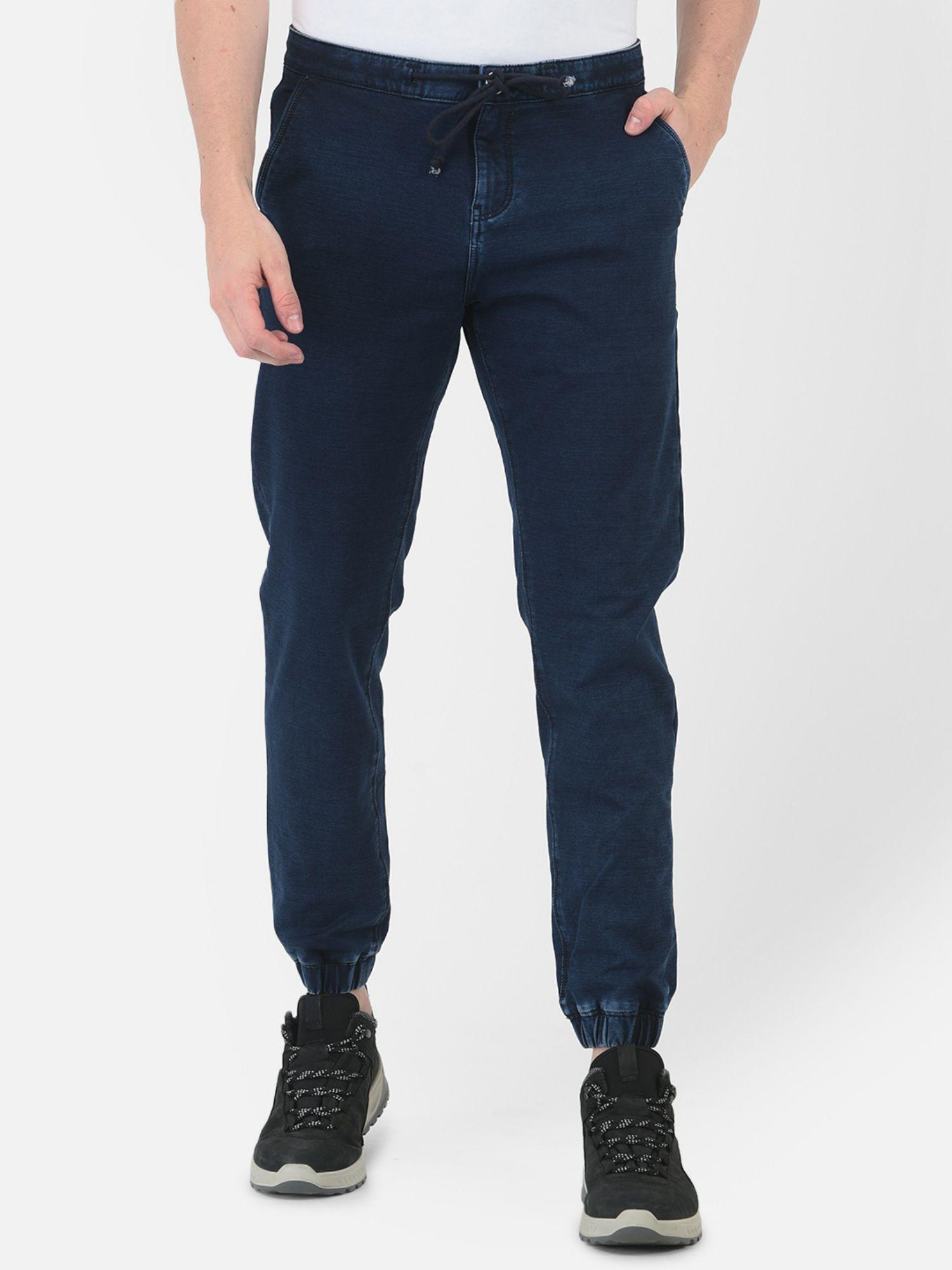 men navy blue solid joggers