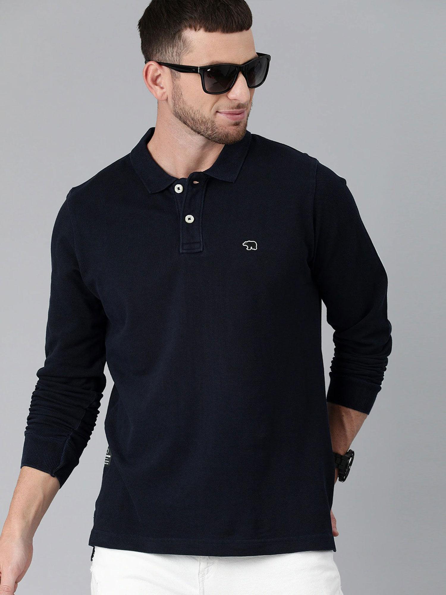 men navy blue solid polo collar pure cotton t-shirt