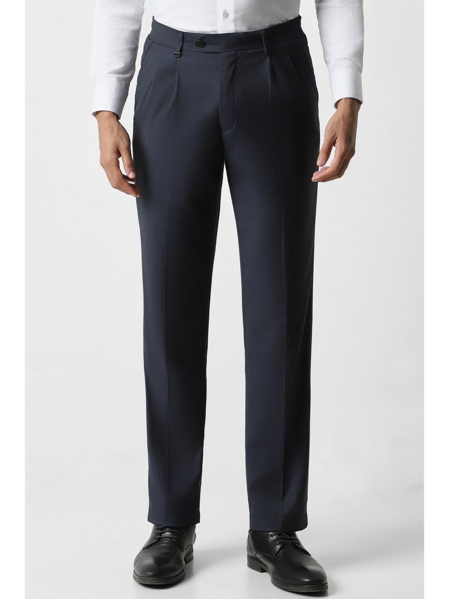 men navy blue solid regular fit formal trouser