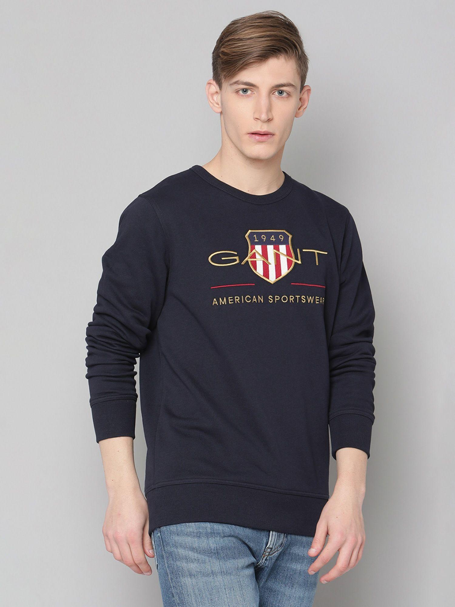 men navy blue solid regular fit sweatshirt